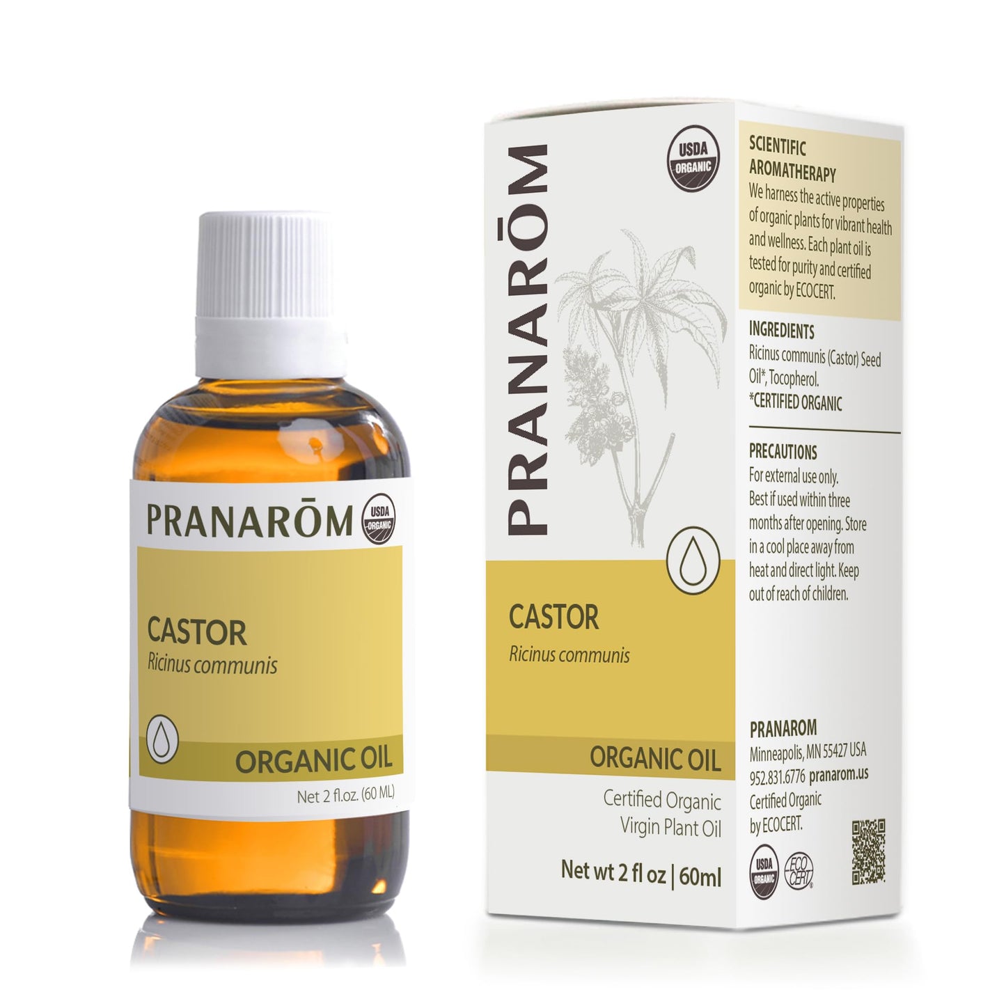 Pranarom - USDA Certified Organic Cold-Pressed Castor Virgin Plant Oil - 2 fl oz Glass Bottle Pranarom