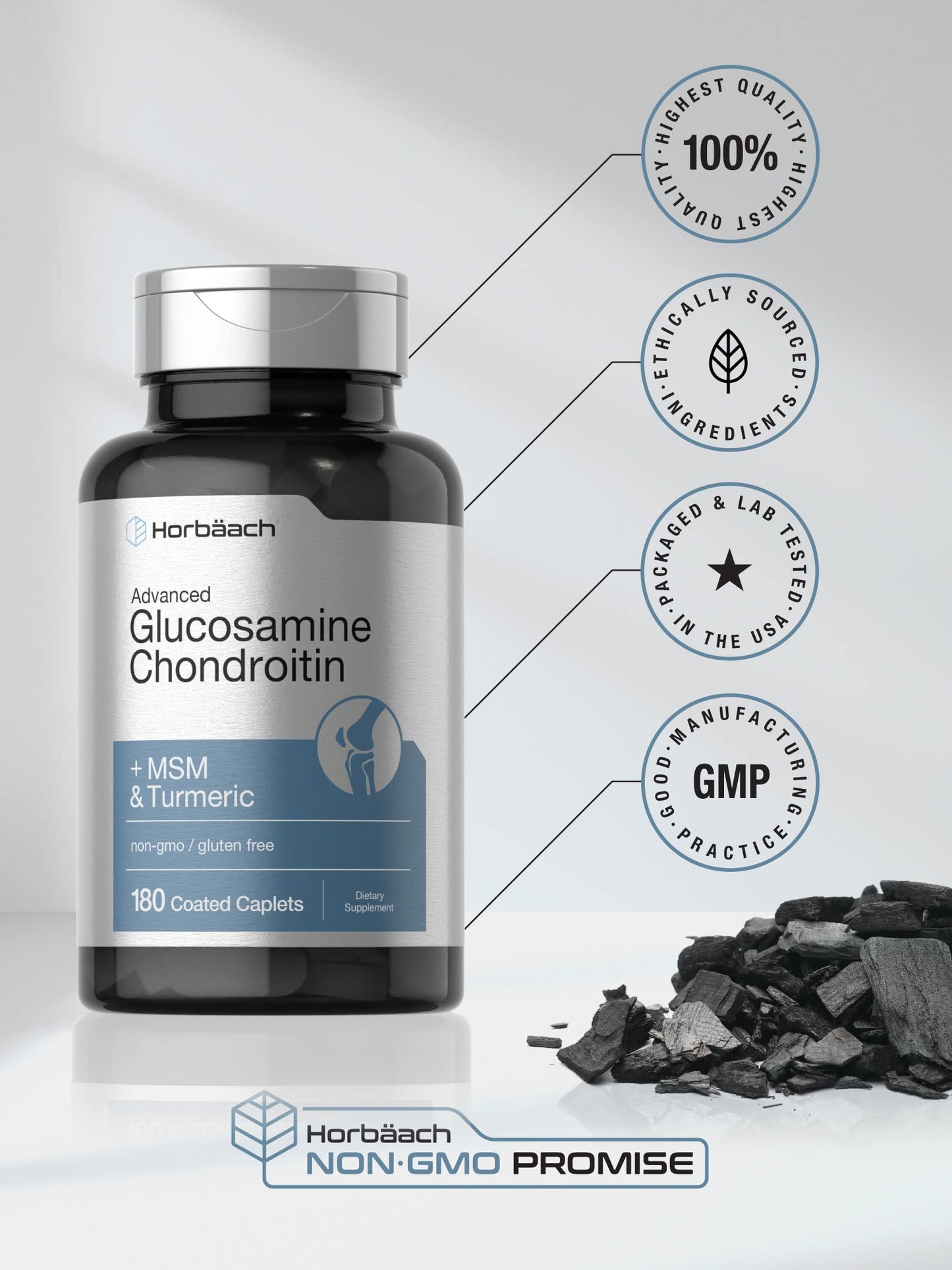 Horbäach Glucosamine Chondroitin | Plus MSM & Turmeric | 180 Coated Caplets | Non-GMO, Gluten Free Supplement Horbäach