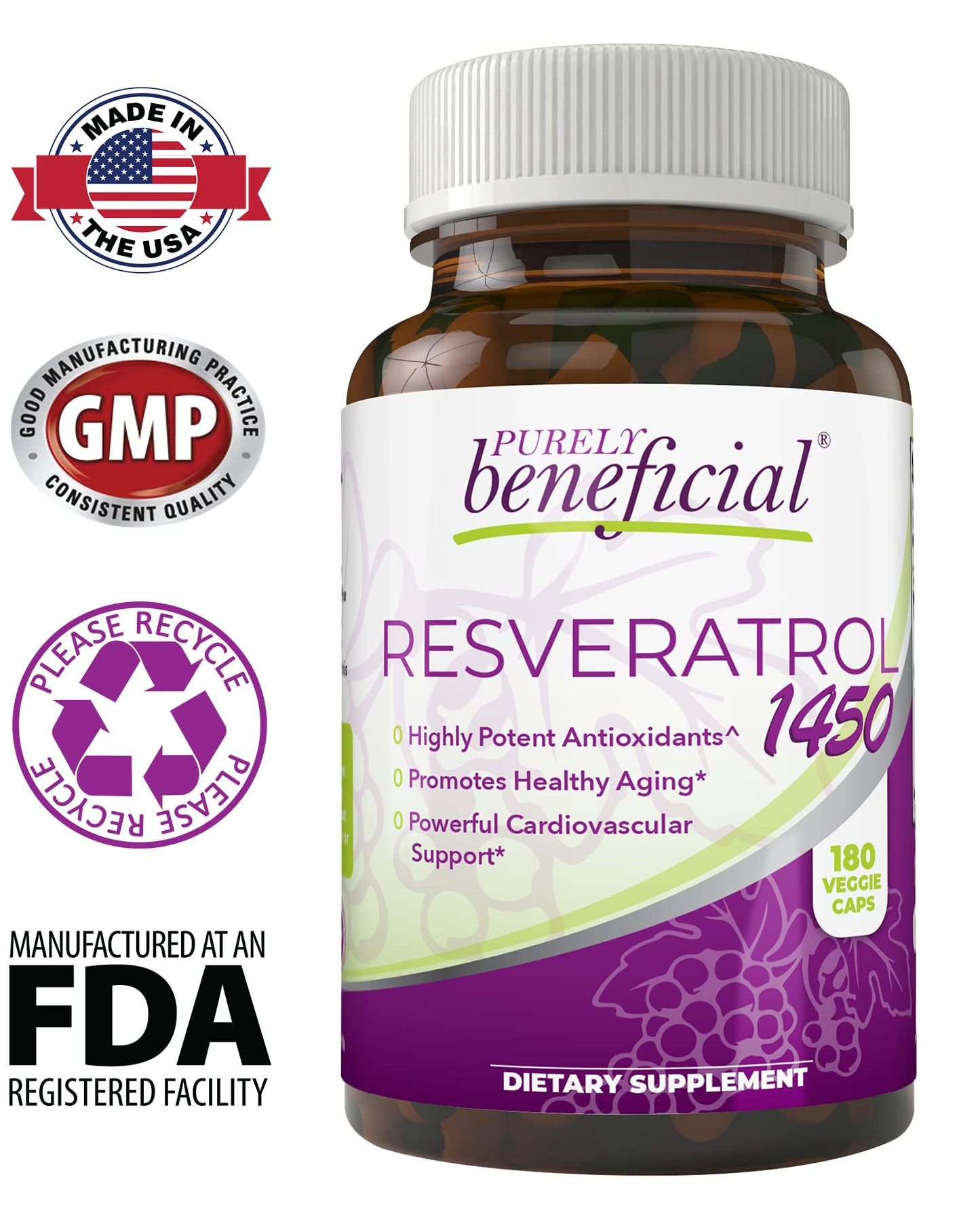 PURELY beneficial RESVERATROL1450-90day Supply, 1450mg per Serving of Potent Antioxidants & Trans-Resveratrol, Promotes Anti-Aging PURELY beneficial