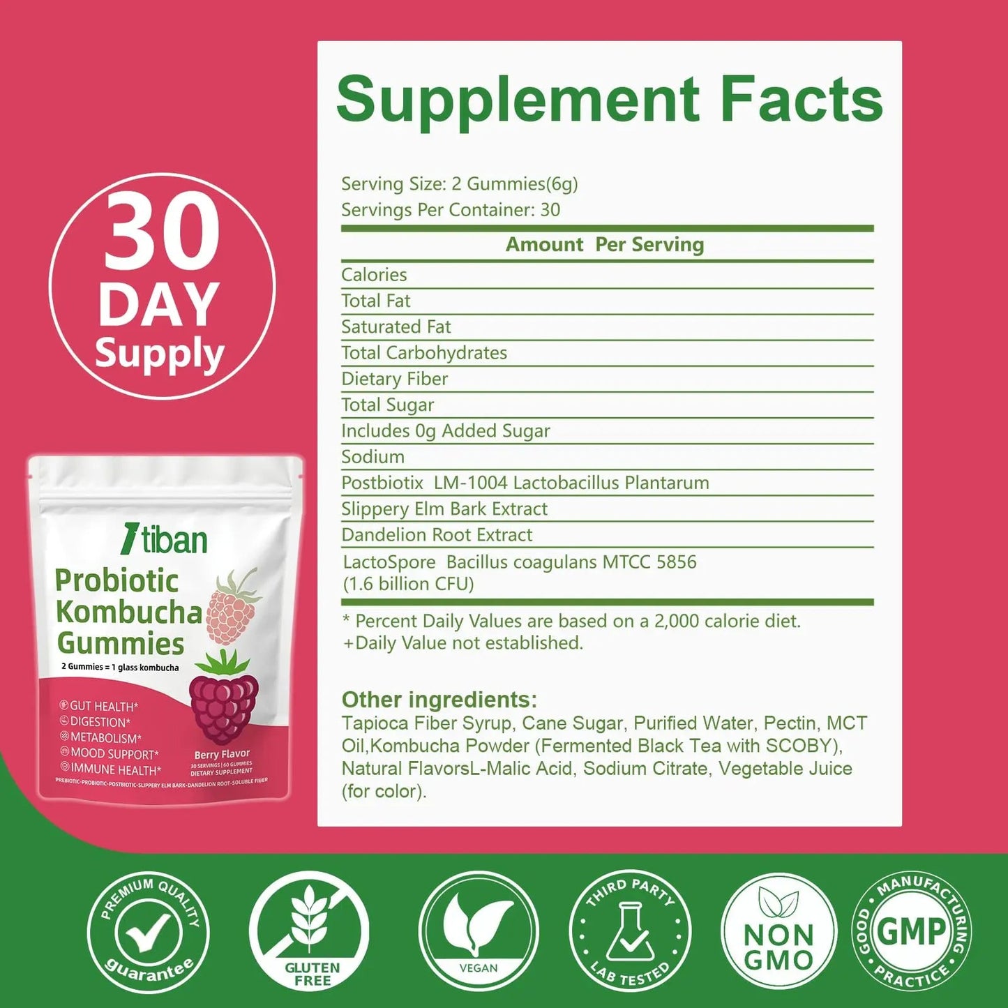 Itiban Probiotic Kombucha Gummy - Prebiotics, Probiotics, Postbiotics, Fiber Supplement, Slippery Elm for Bloating, Gut Health, Women and Men, 60ct Itiban