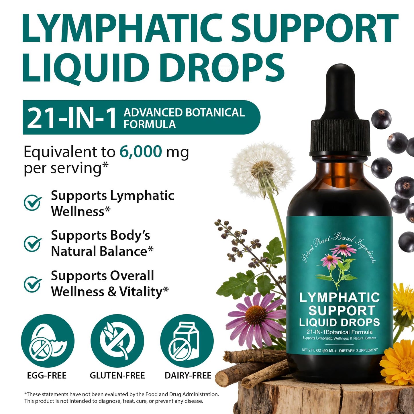 SDJUFEI 21-in-1 Lymphatic Drainage Drops, Lymphatic Support Liquid Drops with Turmeric, Echinacea, Elderberry & Dandelion, for Women & Men, 2 fl oz SDJUFEI