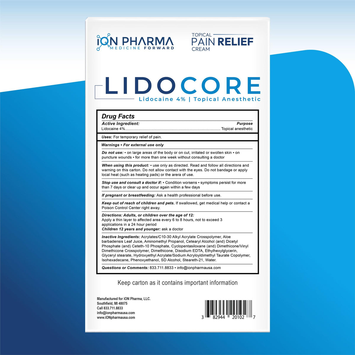 Lidocore Pain Relief Cream with 4% Lidocaine | Maximum Strength OTC | Safe & Compliant formula | Minor cuts, scrapes, insect bites, cold sores | Non-Greasy, Odor-free, Fragrance-Free | 2.7 oz (76.5 g) Lidocore