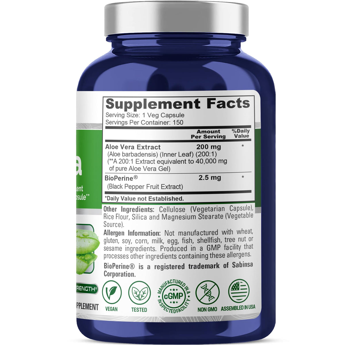 NusaPure Aloe Vera 40,000mg Per Veggie Caps - 150 Count - Aloe Vera Gel Supplement - Extract 200:1, Vegetarian, Non-GMO, Bioperine NusaPure