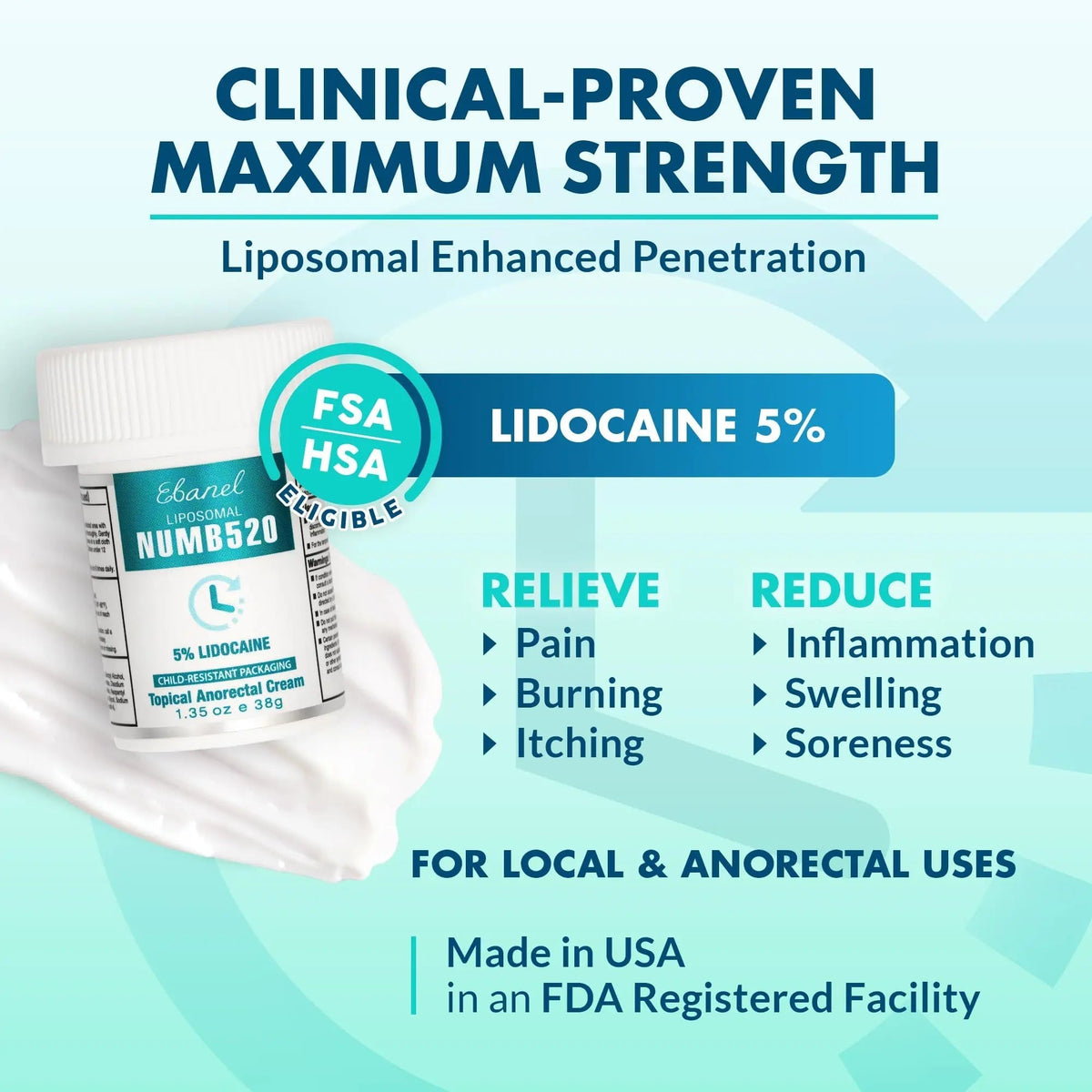 Ebanel 5% Lidocaine Numbing Cream, Pain Relief Burn Itch Numb Cream, Maximum Strength Topical Anesthetic with Allantoin, Vitamin E for Local and Anorectal Uses, Hemorrhoid Treatment, 1.35 Oz Ebanel