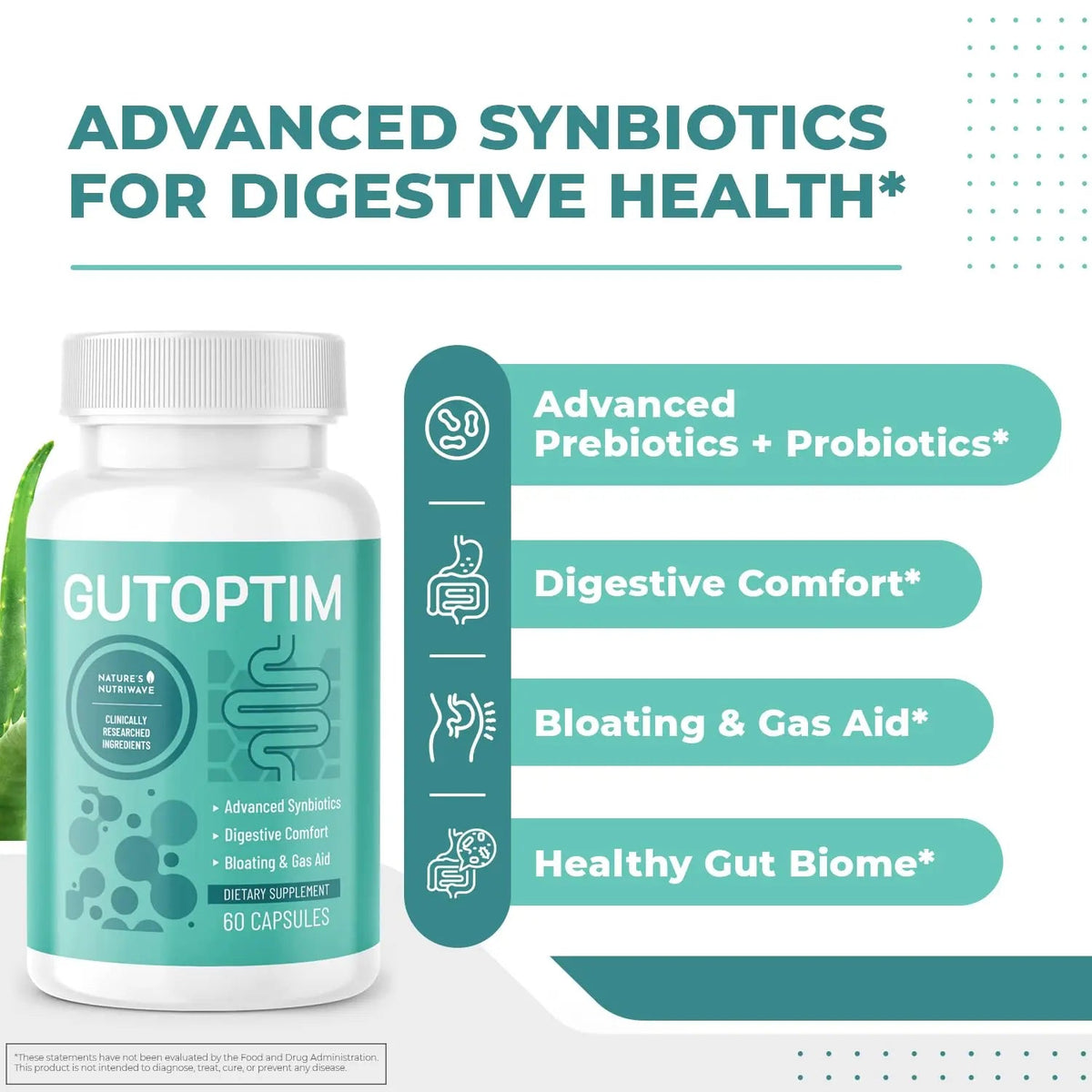 GutOptim Probiotic & Prebiotic Capsules | Pre and Probiotics for Synbiotic Gut Health & Bloating Relief for Women & Men | Enzyme with Probiotics for Digestive Health | Non-GMO, 60 Ct, 6 Month Supply Nature’s NutriWave