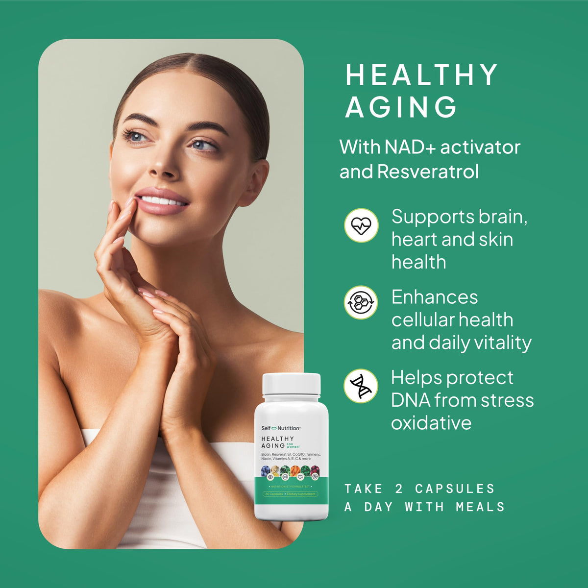 SELF NUTRITION NAD+ Resveratrol Supplement for Women – Healthy Aging Formula with CoQ10, Biotin, Turmeric & Vitamins A, C, E – Supports Energy, Skin & Longevity – 60 Capsules. Made in USA. SELF NUTRITION