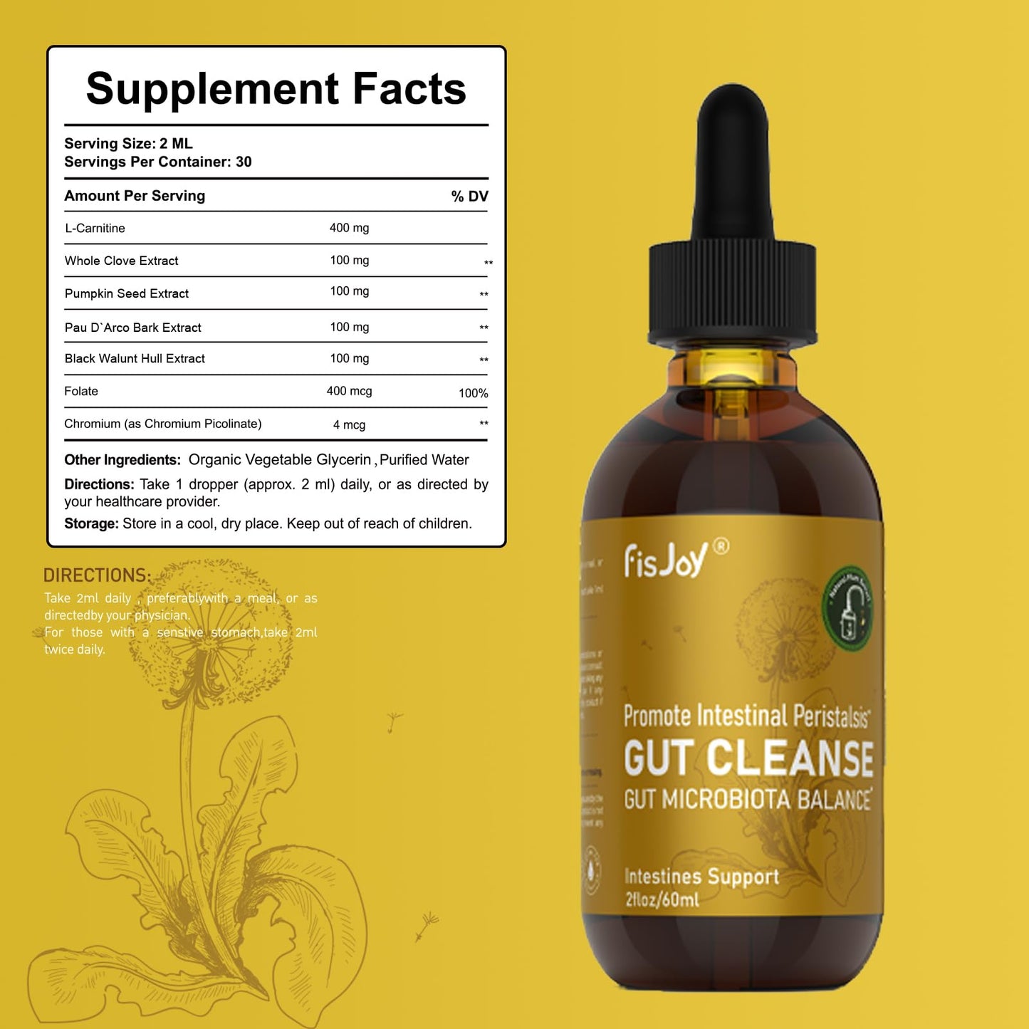 Fisjoy L-Carnitine & Herbal Liquid Drops – Gentle Daily Digestive Support with Pumpkin Seed, Clove & PAU D’Arco Extracts, Folate & Chromium, Vegan, Sugar-Free, 2 fl oz (60 mL) Fisjoy