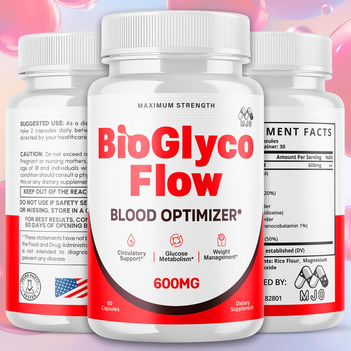 (3 Pack) BioGlyco Flow Blood Optimizer Capsules, Official BioGlyco Flow Pills with All Natural Ingredients, Advanced Health and Wellness Supplement with Maximum Strength Multivitamins (180 Capsules) MJO
