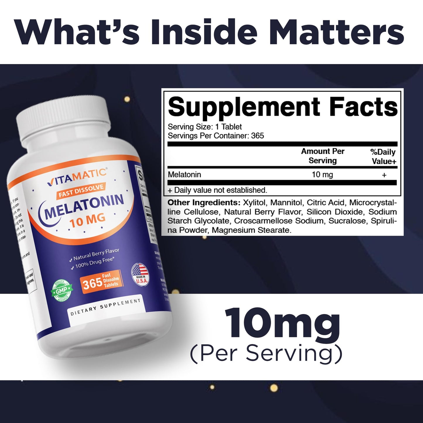 Vitamatic Melatonin 10 mg Fast Dissolve Tablets – Quick-Dissolving Sleep Support Supplement for Adults – Vegetarian, Non-GMO & Gluten-Free Vitamatic