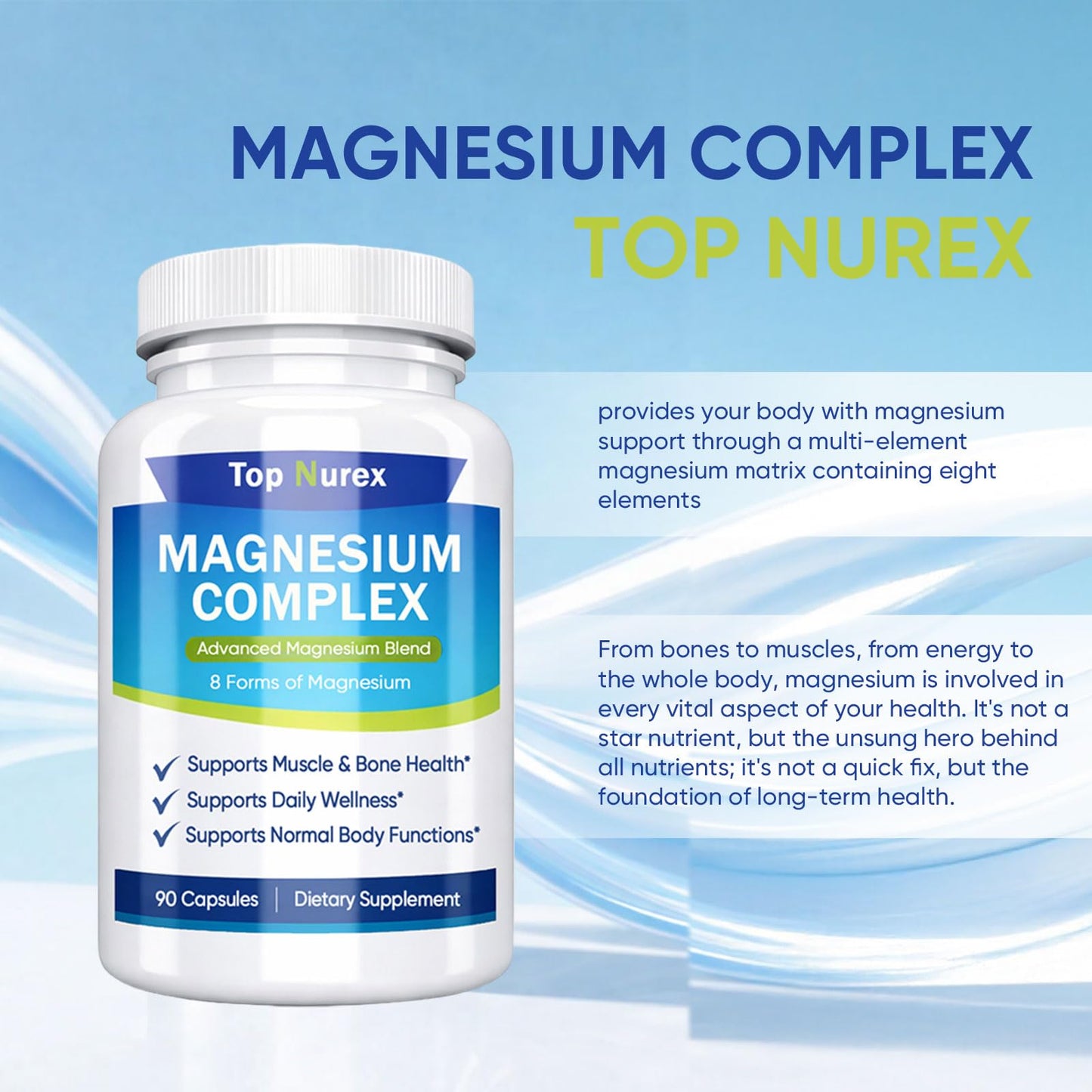 Top Nurex Magnesium Complex 1000 mg, 8-Source Magnesium Blend with Glycinate, Citrate, Malate & Taurate, Vegan Non-GMO Formula, 90 Capsules Kunnozz