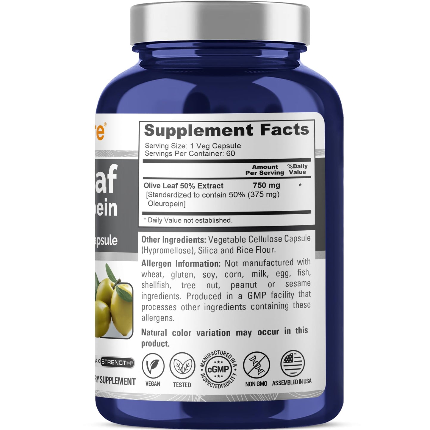 NusaPure Olive Leaf Extract 750 mg - 50% Oleuropein - Vegan and Vegetarian Non-GMO - Super Strength - No Oil - 60 Capsules NusaPure