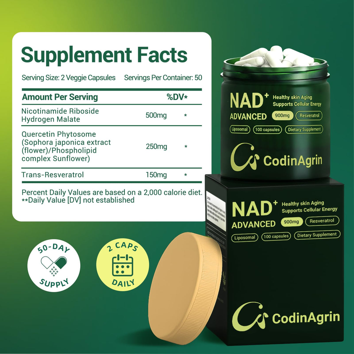 CodinAgrin NAD+ Supplement with Resveratrol 900mg Nicotinamide Adenine Dinucleotide Complex for Cellular Energy Repair, Anti-Aging & Mental Clarity Support, Non-GMO, Vegetarian Friendly, 100 Capsules CodinAgrin