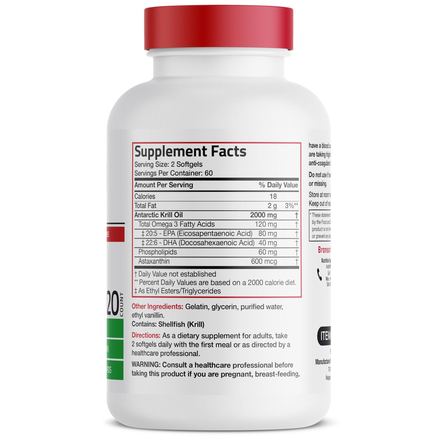 Bronson Antarctic Krill Oil 2000 mg with Omega-3s EPA, DHA, Astaxanthin and Phospholipids 120 Softgels (60 Servings) Bronson