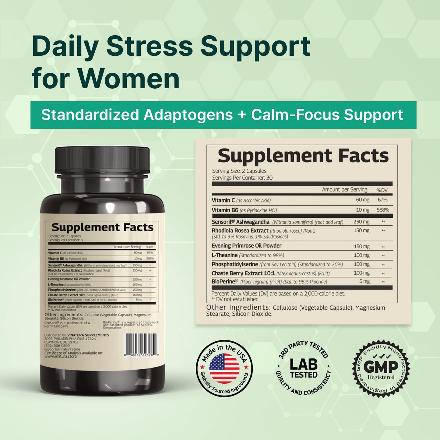VINATURA Cortisol Supplements for Women - Cortisol Detox and Management - Adrenal Support, Stress Support, 60 Vegan Capsules VINATURA