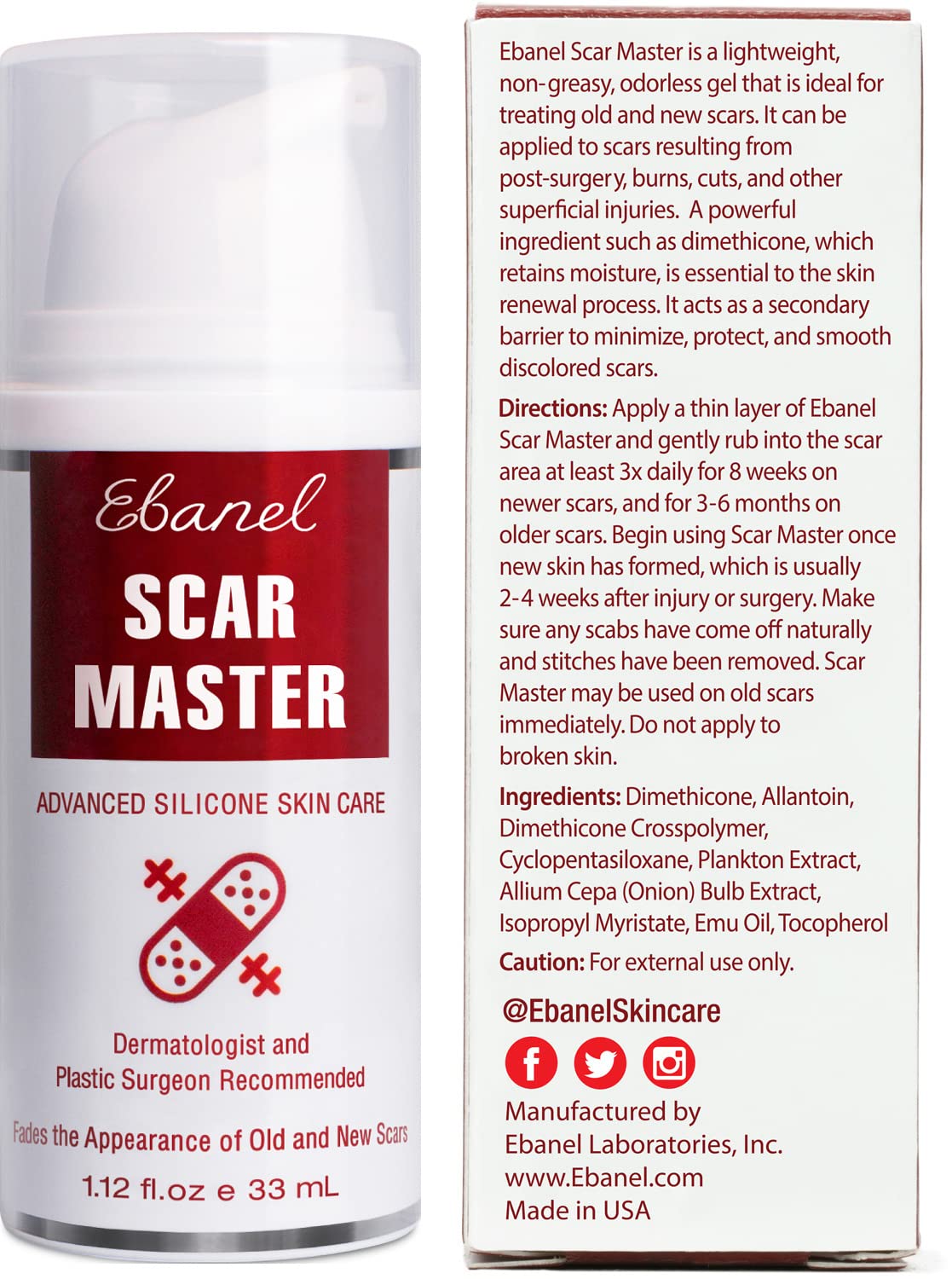 Ebanel Silicone Scar Gel with Allantoin, Emu Oil, Vitamin E and Onion Extract, For Old & New Scars from Surgeries, C-Section, Injuries, Burns & More Ebanel