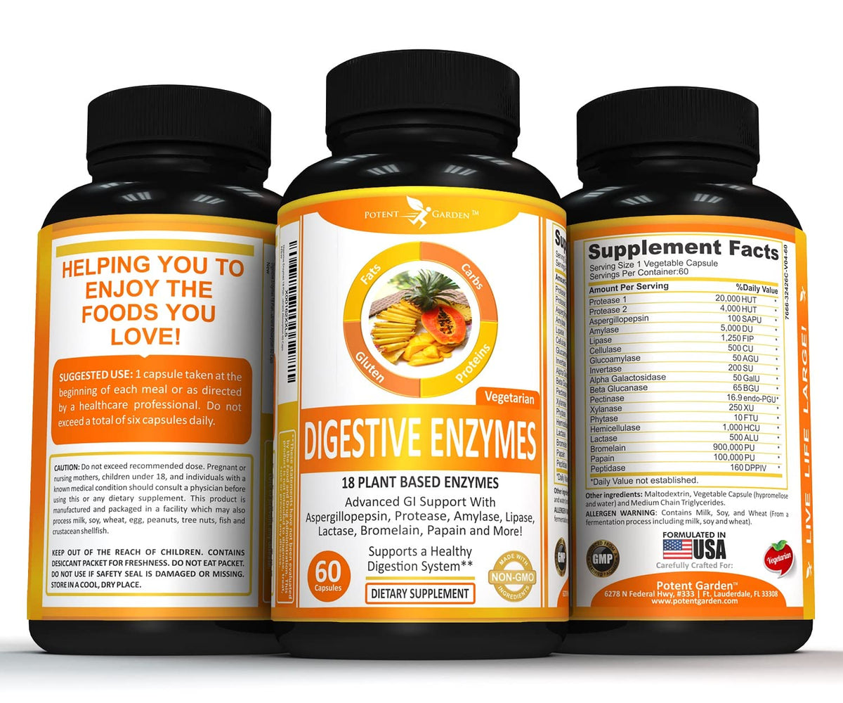 Potent Garden Digestive Enzymes -18 Plant Based Enzymes with amylase lipase bromelain Protease lactase & Other Enzymes - One Pre Meal Pill Supports Healthy Potent Garden