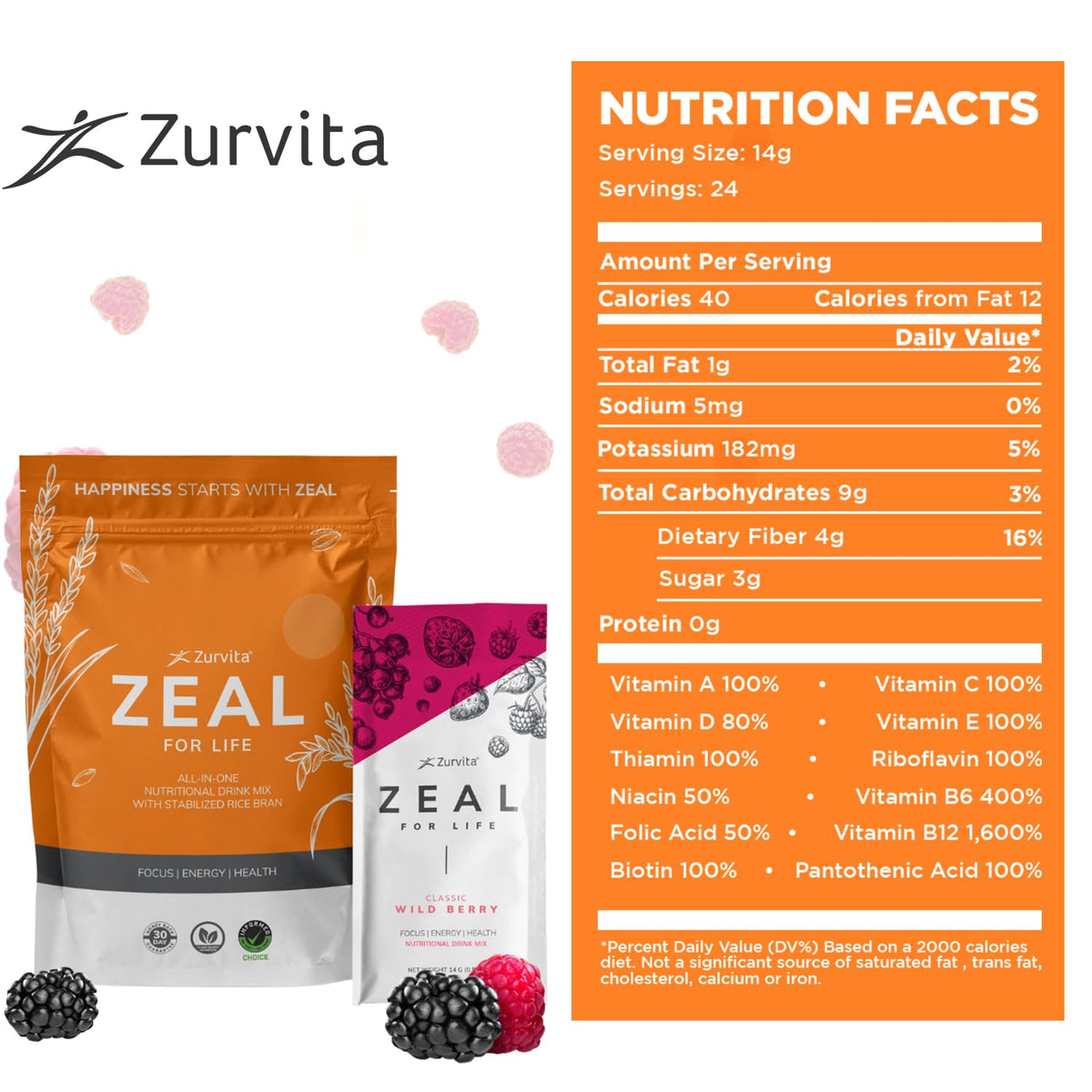 Zurvita - Zeal for Life Wellness Drink Mix - Wild Berry (Classic) Flavor - Gluten-Free, Vegan, with Vitamins and Minerals - 10 Single Packets Zurvita