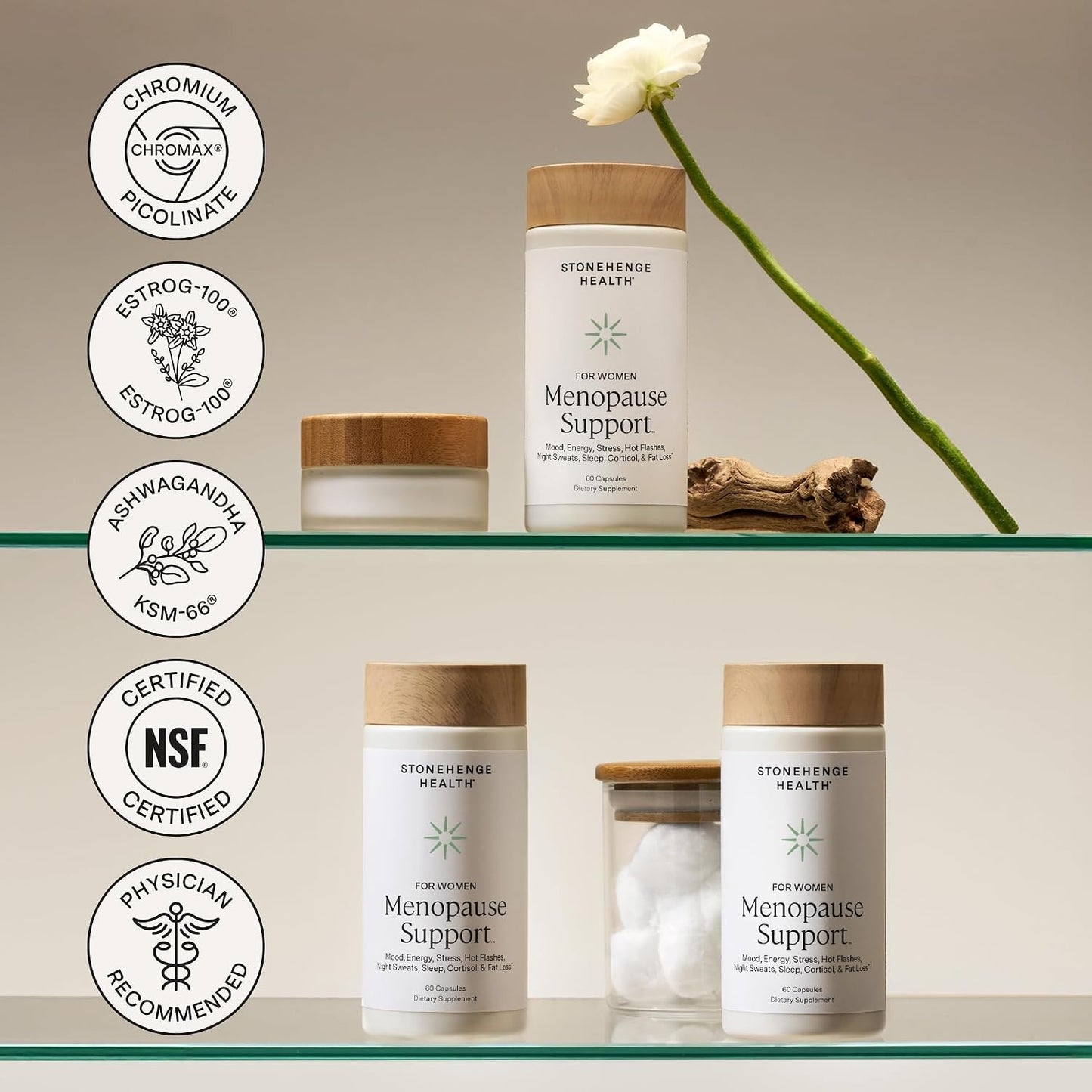 Stonehenge Health for Women Menopause Support for Peri + Menopause + Post - Mood, Energy, Stress, Hot Flashes, Night Sweats, Sleep & Cortisol, Chromax Chromium, Vitamin D3, KSM-66 Ashwagandha Gsupps Australia