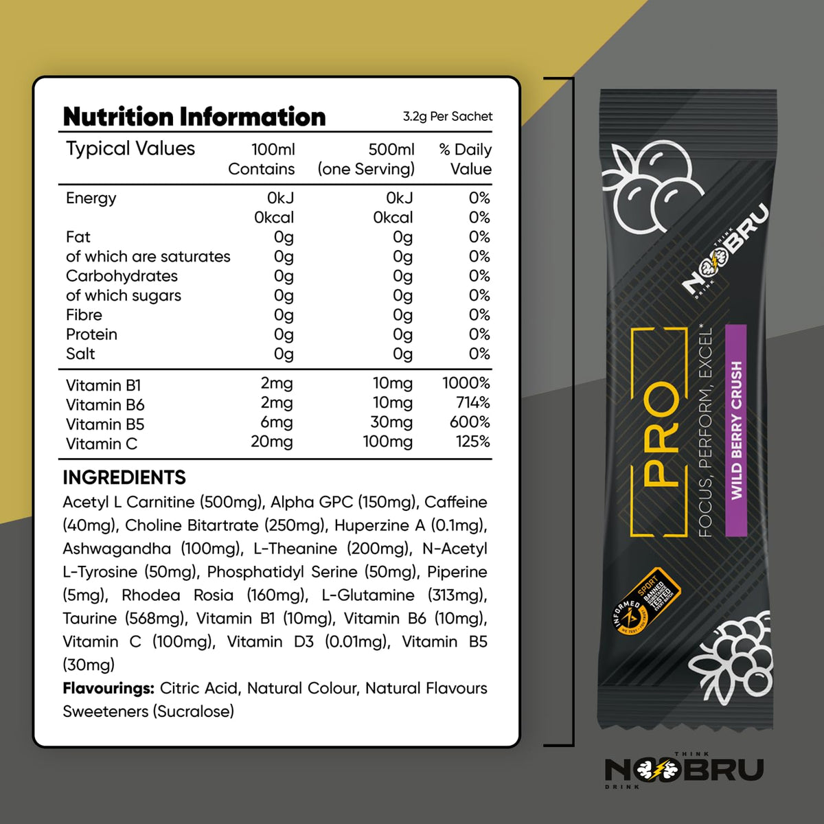 Noobru™ Pro - Brain & Nootropic Supplement for Cognitive Performance, Mental Clarity, and Focus - Precision-Formulated Drink with 17 Research-Backed Ingredients - 20 Servings Noobru