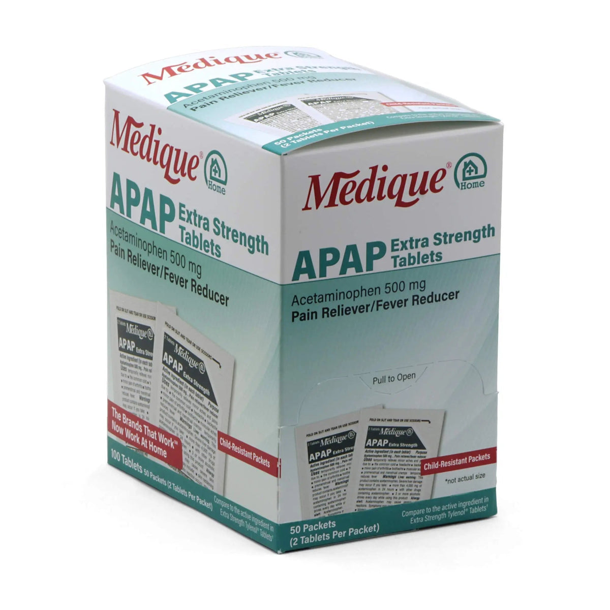 Medique @ Home 70433 Extra Strength APAP Tablets, Non-Aspirin, 50 Packets (2 Tablets per Packet) Total-100 Count Medique