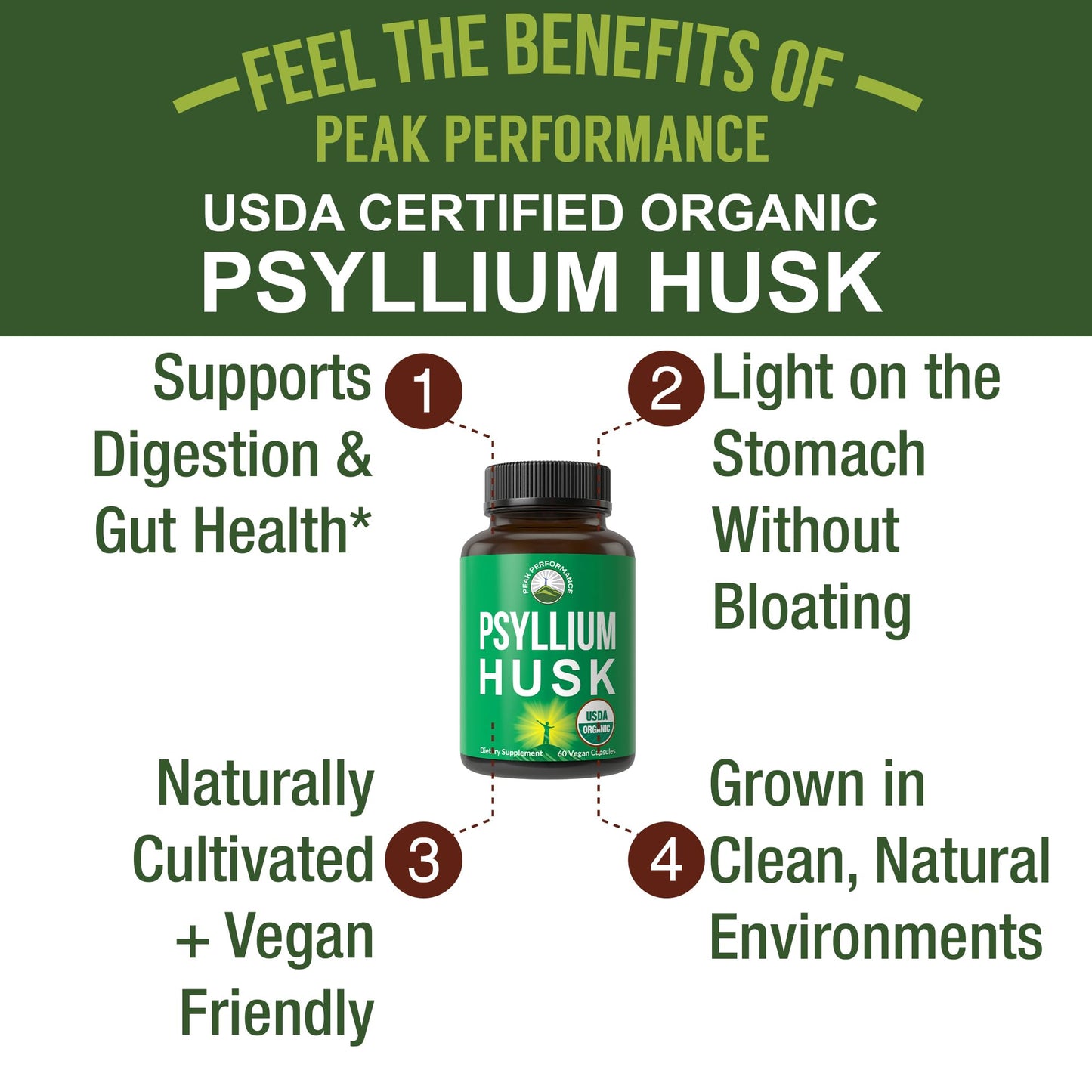 USDA Organic Psyllium Husk Vegan Capsules Made with Organic Psyllium Husk Seed. Fiber Supplement for Gut. Digestive Prebiotics. Pills for Digestion, Roughage Without Bloating. Tablets Peak Performance