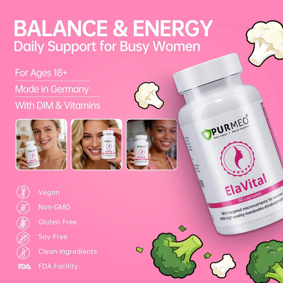 purmeo DIM Supplement for Women, Patented Formula Diindolylmethane Support Estrogen Hormone Balance & Breast Health, Non-GMO, 60ct Vegan Capsules purmeo