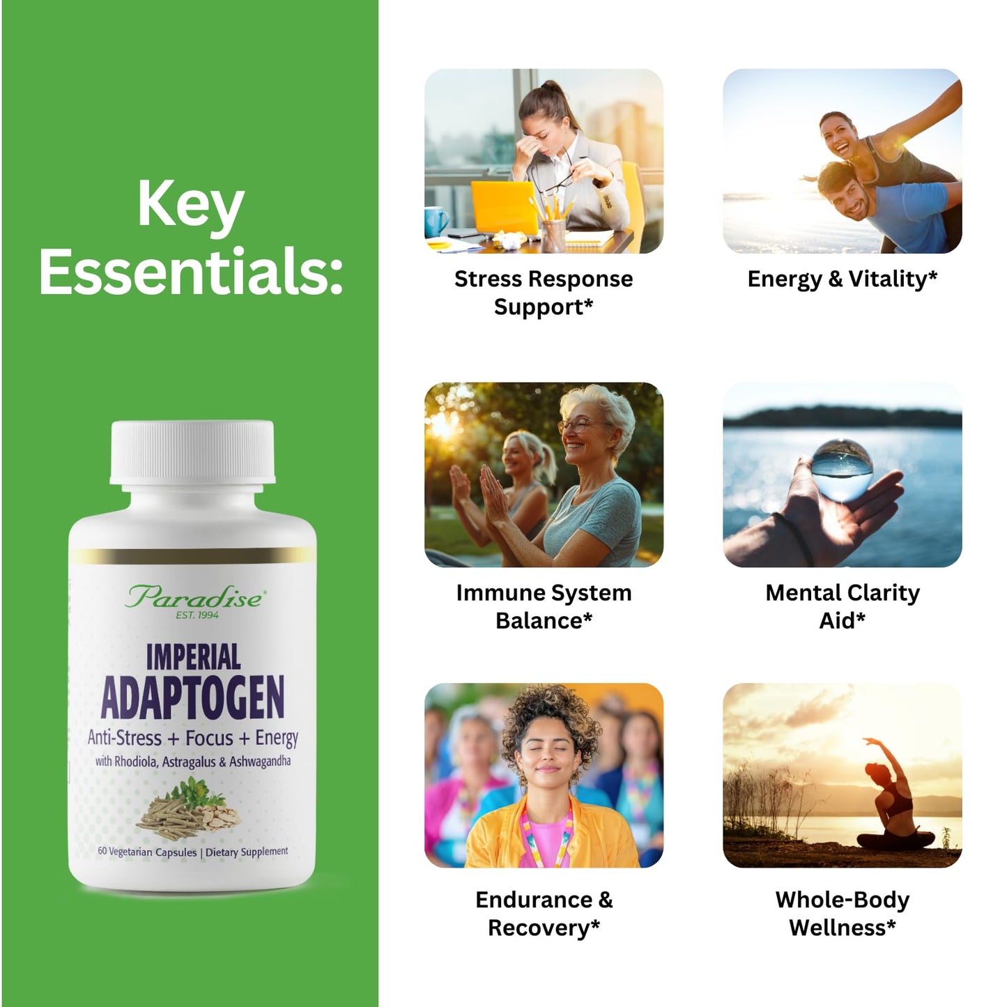 Paradise Herbs, Imperial Adaptogens, with Ashwagandha, Astragalus, Rhodiola, Proprietary Adaptogen Blend for Stress Support, Focus & Energy, 60 Vegetarian Capsules Paradise Herbs