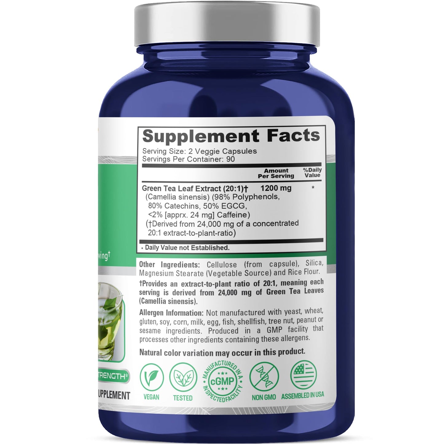 NusaPure Green Tea 20:1 Extract, 1200 mg Equivalent to 24000mg, 180 Vegan Capsules, 50% EGCG, 98% Polyphenols, 80% Catechins NusaPure