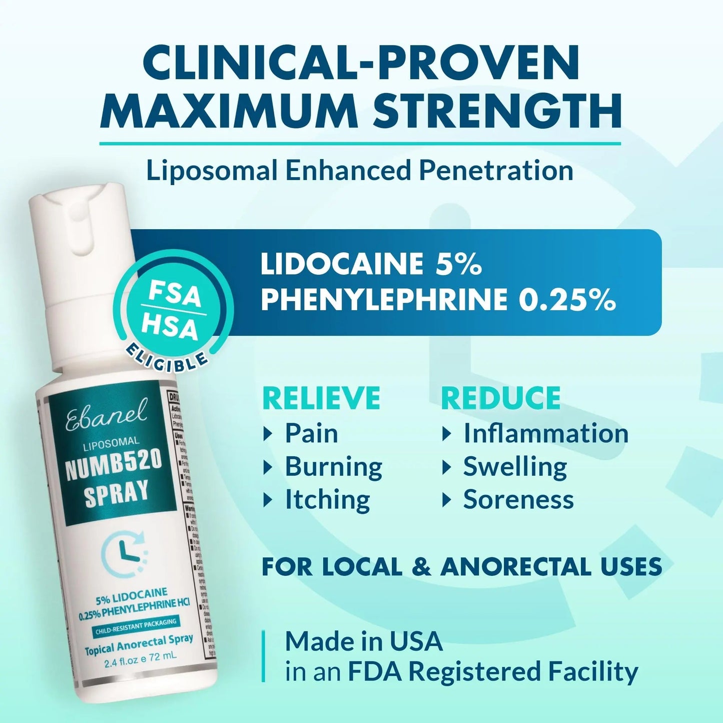 Ebanel 5% Lidocaine Spray Pain Relief Numb520 Burn Itch Relief Numbing Spray for Skin, Topical Anesthetic Postpartum Hemorrhoid Treatment with Phenylephrine for Local and Anorectal Uses EBANEL LABORATORIES