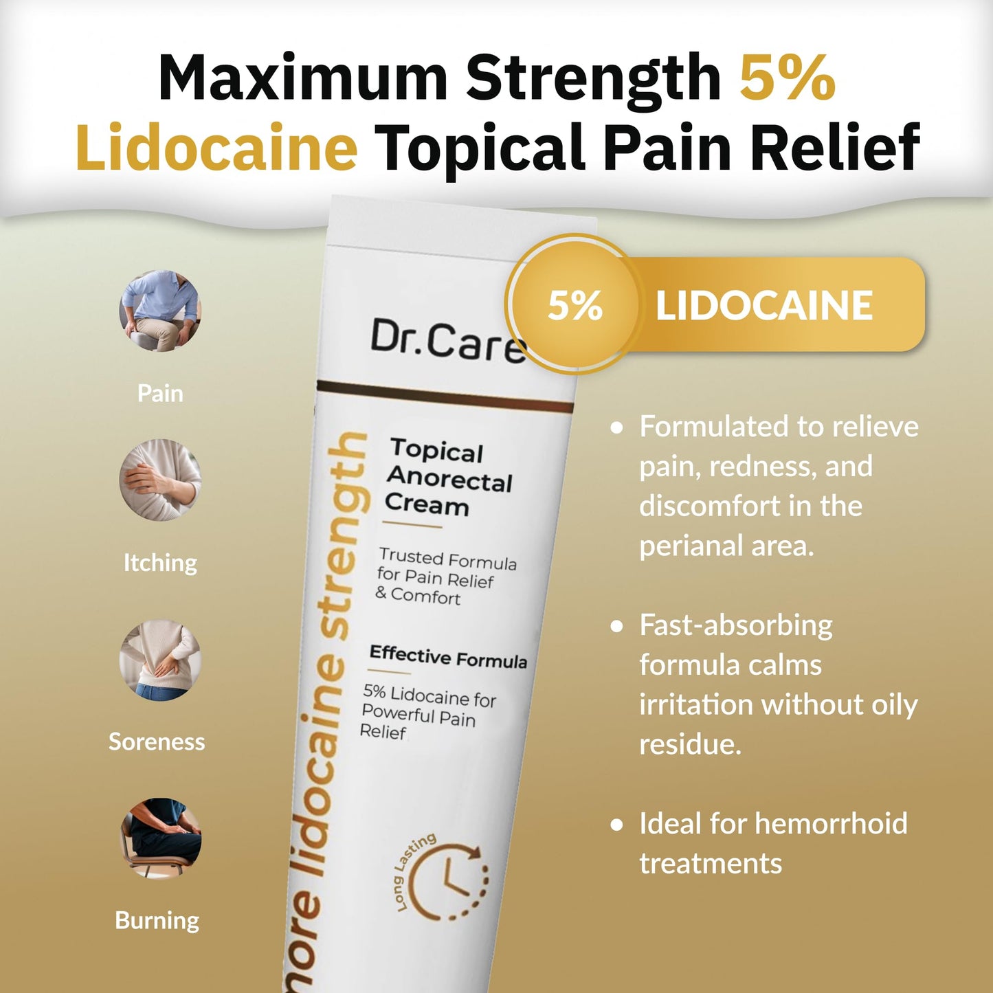 Dr Care Anorectal Cream with 5% Lidocaine - Maximum Strength Topical Anesthetic for Hemorrhoid Relief, Itching, & Burning (1.0 oz) Dr Care