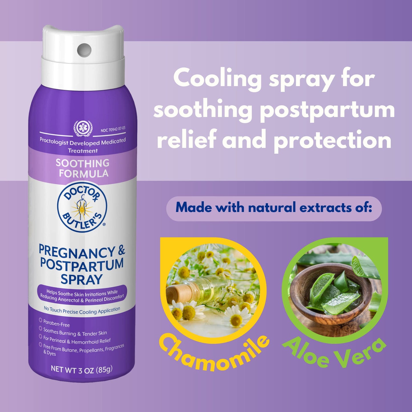Doctor Butler's Pregnancy & Postpartum Spray - Perineal Spray and Hemorrhoid Treatment with Aloe and Chamomile, Pregnancy Support and Postpartum Essentials, Paraben Free (3oz) Doctor Butler's