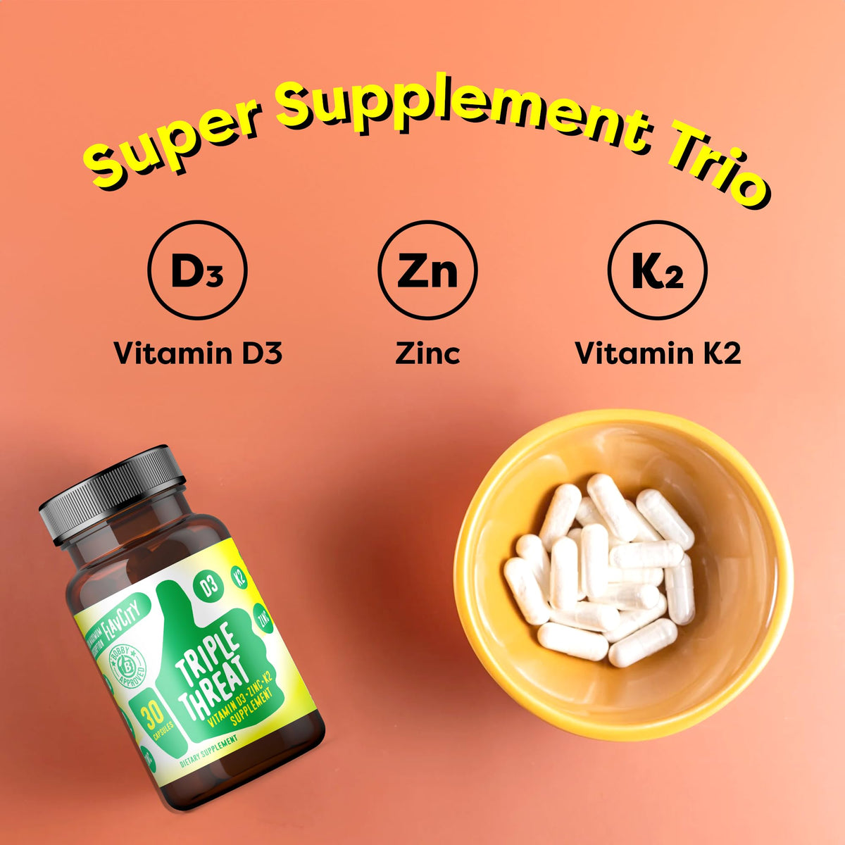 FlavCity Vitamin D3, K2 & Zinc - Triple Threat Supplement - Daily or Seasonal Immune Support - Vitamin D with K2 for Enhanced Absorption - FlavCity