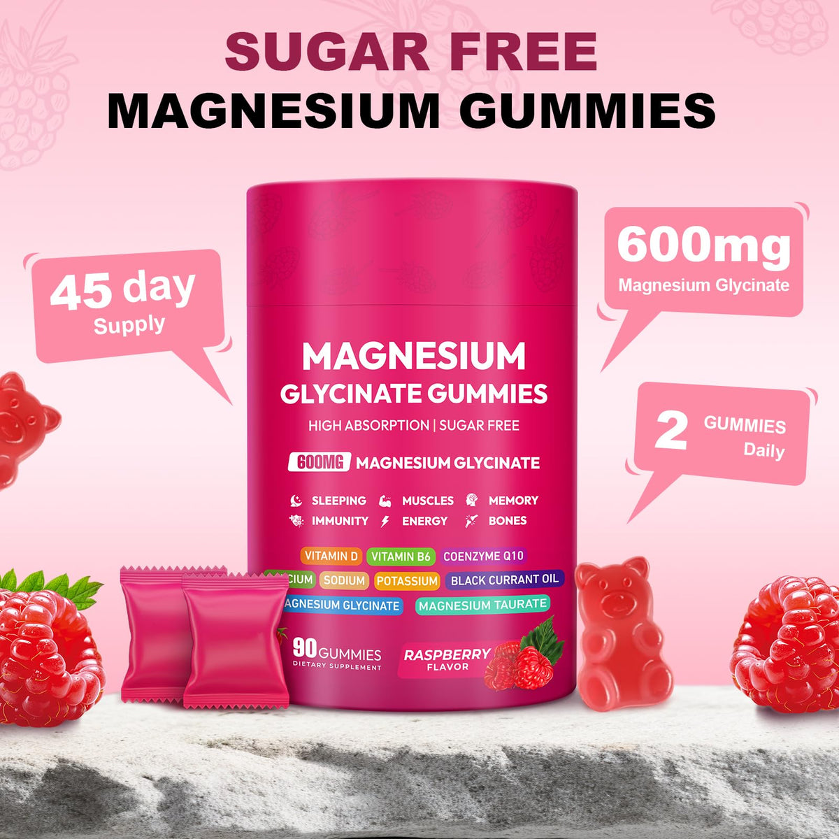 Magnesium Glycinate Gummies 600mg, High Absorption Magnesium Complex, Sugar Free Chewables Gummies with VitaminD & B6 Cytona