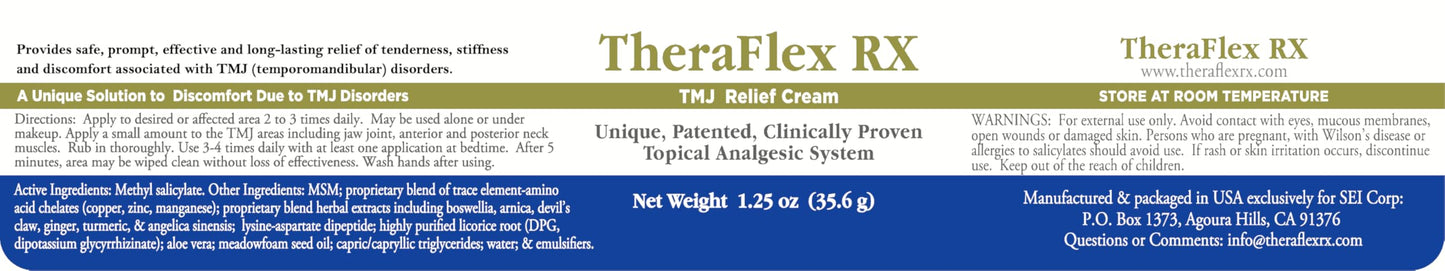Theraflex RX® TMJ Cream (Doctor Formulated). This is a Patented Topical Cream which Provides Masseter Muscle and temporomandibular Joint Relief (TMJ) Theraflex RX