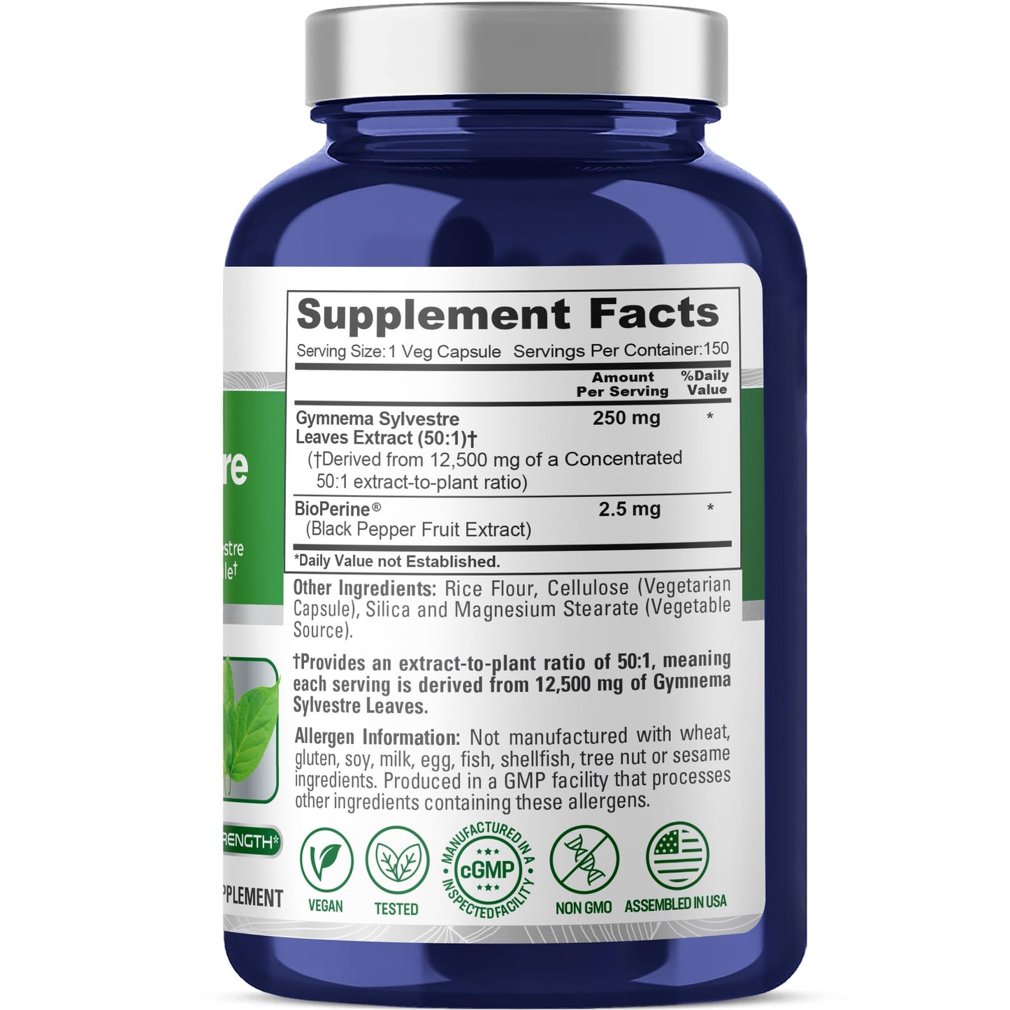 NusaPure Gymnema Sylvestre 50:1 Extract, 250 mg Equivalent to 12,500mg Per Vegan Caps - 150 Count (Non-GMO, Vegan, Bioperine) NusaPure
