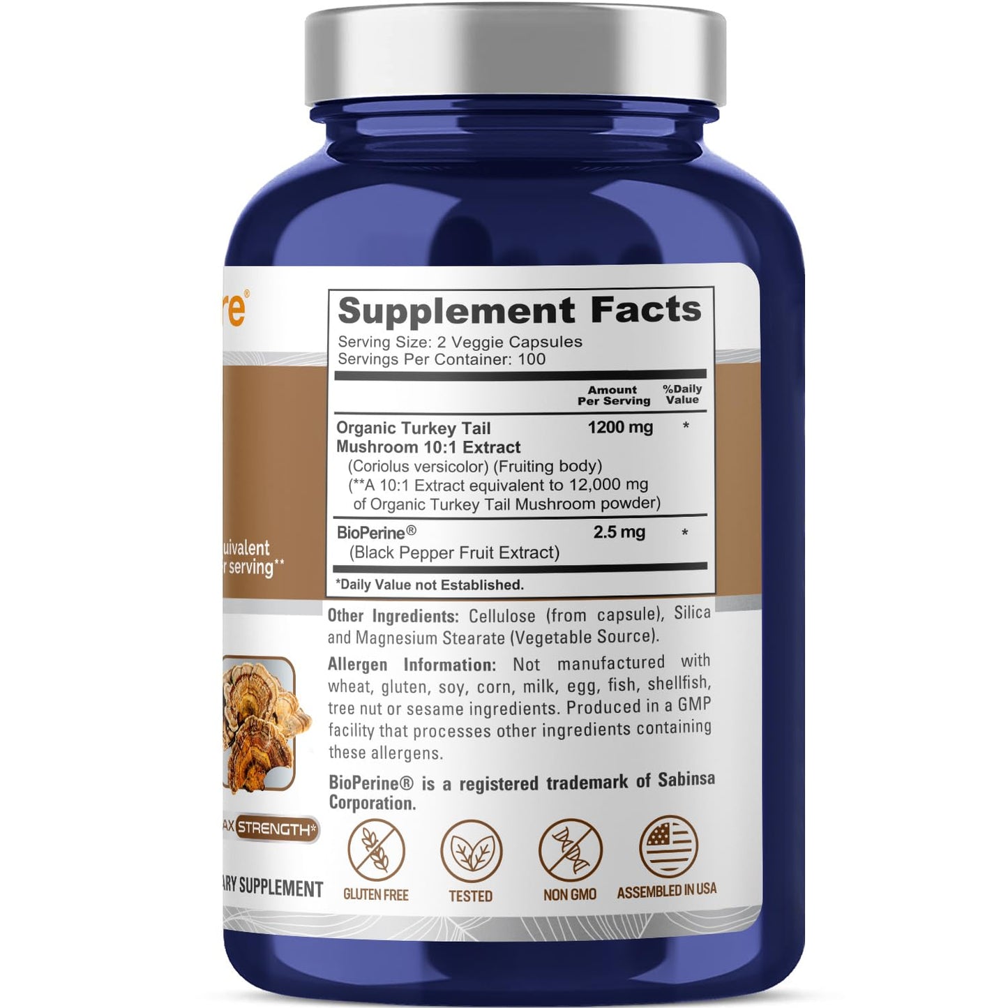 NusaPure Turkey Tail Mushroom Capsules, 10:1 Extract, 1200 mg Equivalent to 12,000mg, 200 Vcaps, Non-GMO, Gluten Free, Bioperine NusaPure