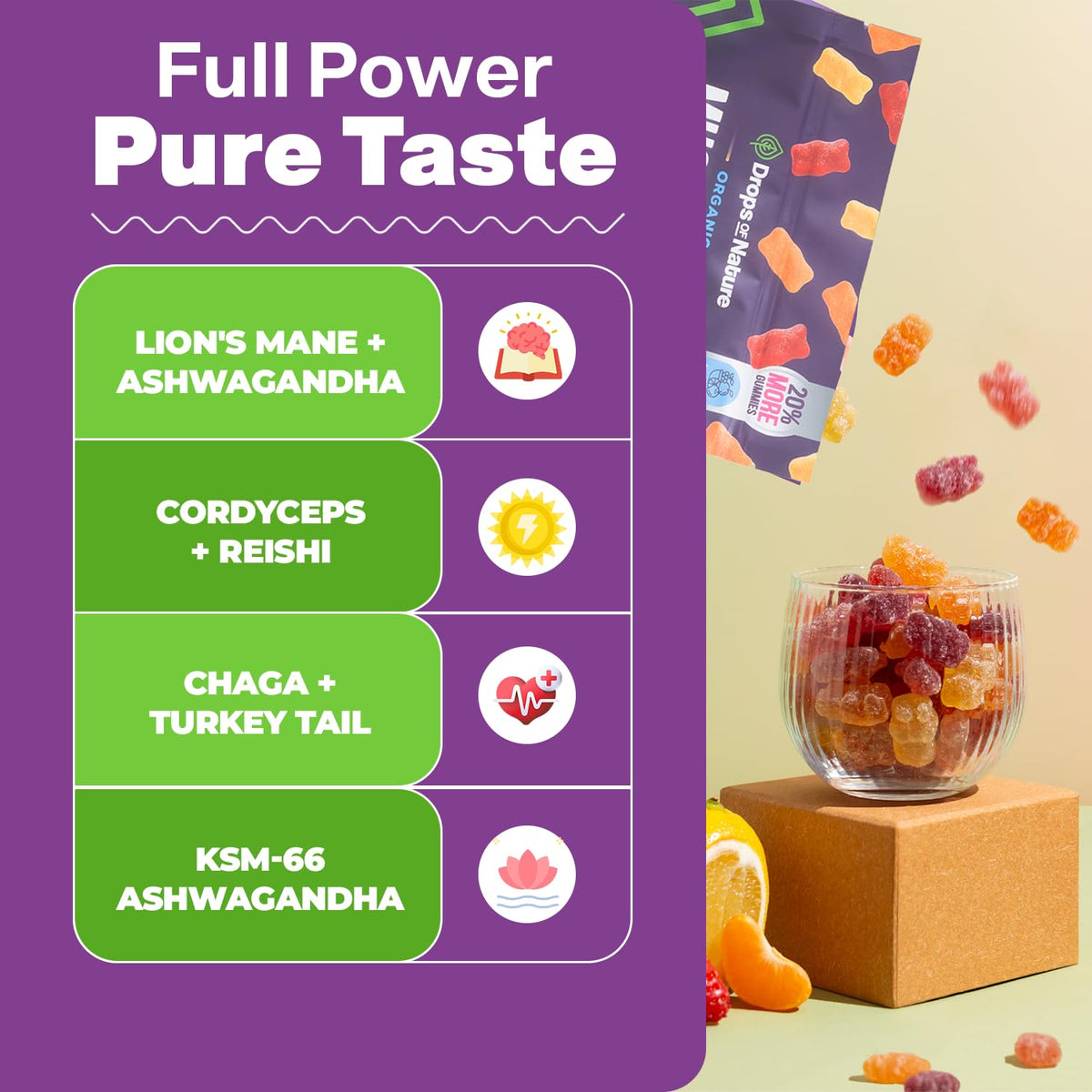 Drops Of Nature Lions Mane & Ashwagandha Gummies – Turkey Tail, Maitake, Reishi, Chaga, Shiitake, Cordyceps – Organic, Low Carb Superfood Gummies Drops Of Nature