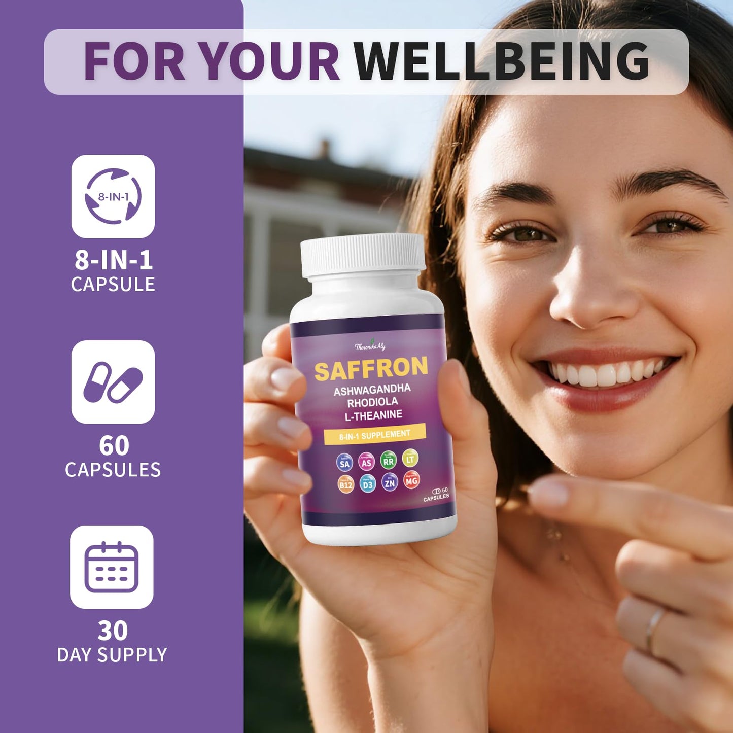 Theronika Aly Saffron Supplements – Blend with Ashwagandha, Safron, Rhodiola, Magnesium, L-Theanine, Zinc & B12, 88.5 mg Pure Saffron Extract Capsules Mood, Energy, Vision & Focus – 60 Vegan Capsules Theronika Aly