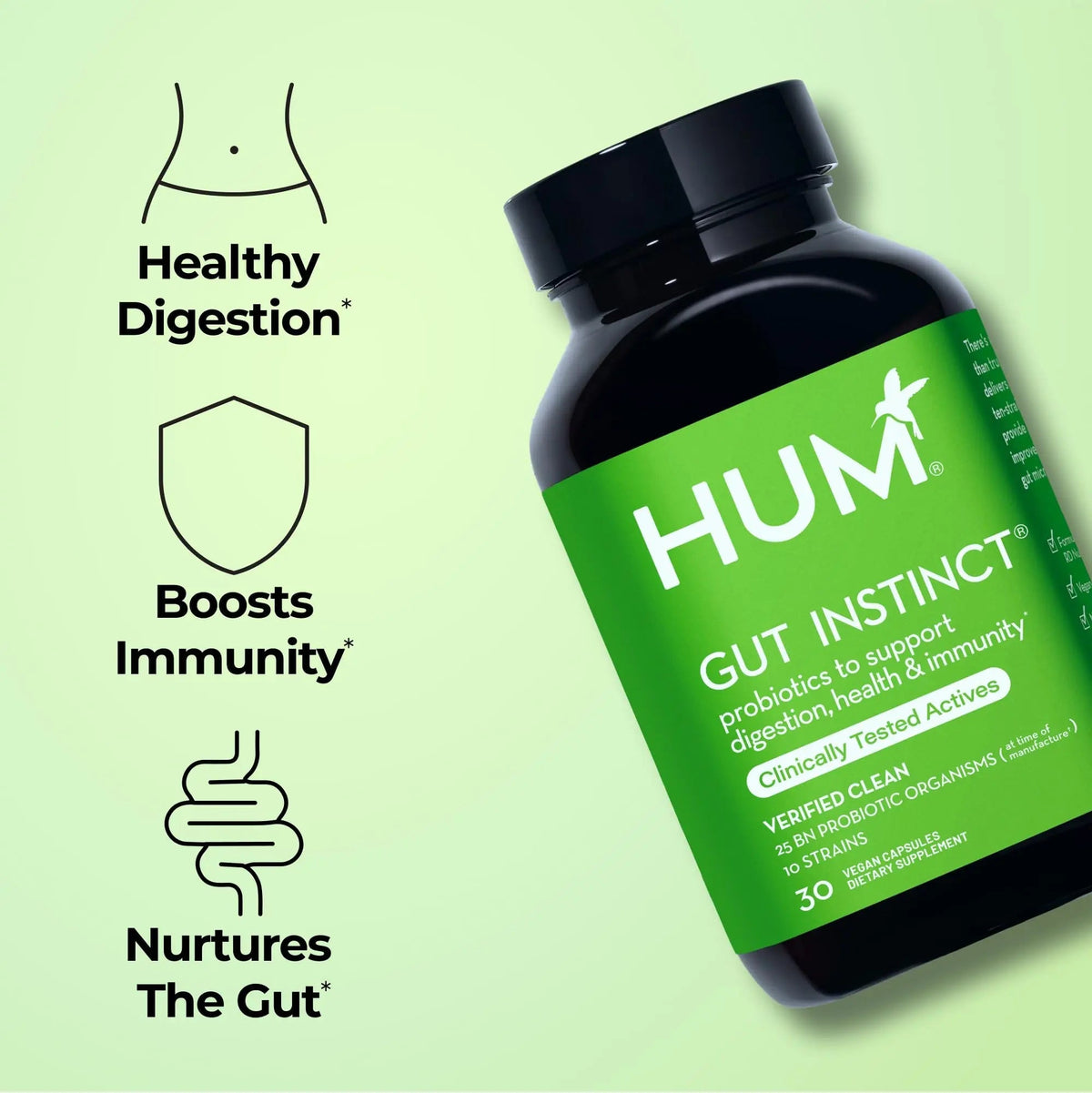 HUM Gut Instinct Daily Probiotics for Women and Men, Digestive Health, Lactobacillus, Bifidobacterium Strains for Immune Support, Probiotic Supplement for Healthy Gut Diversity, 30 Capsules HUM