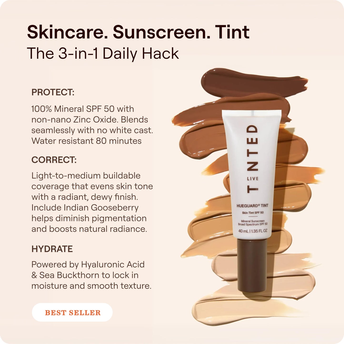 Live Tinted Hueguard Skin Tint SPF 50 - Tinted Mineral Sunscreen with Light-Medium Buildable Coverage With a Hydrating and Radiant Finish - Water and Sweat Resistant, 1.35 fl oz - Shade 10 Live Tinted