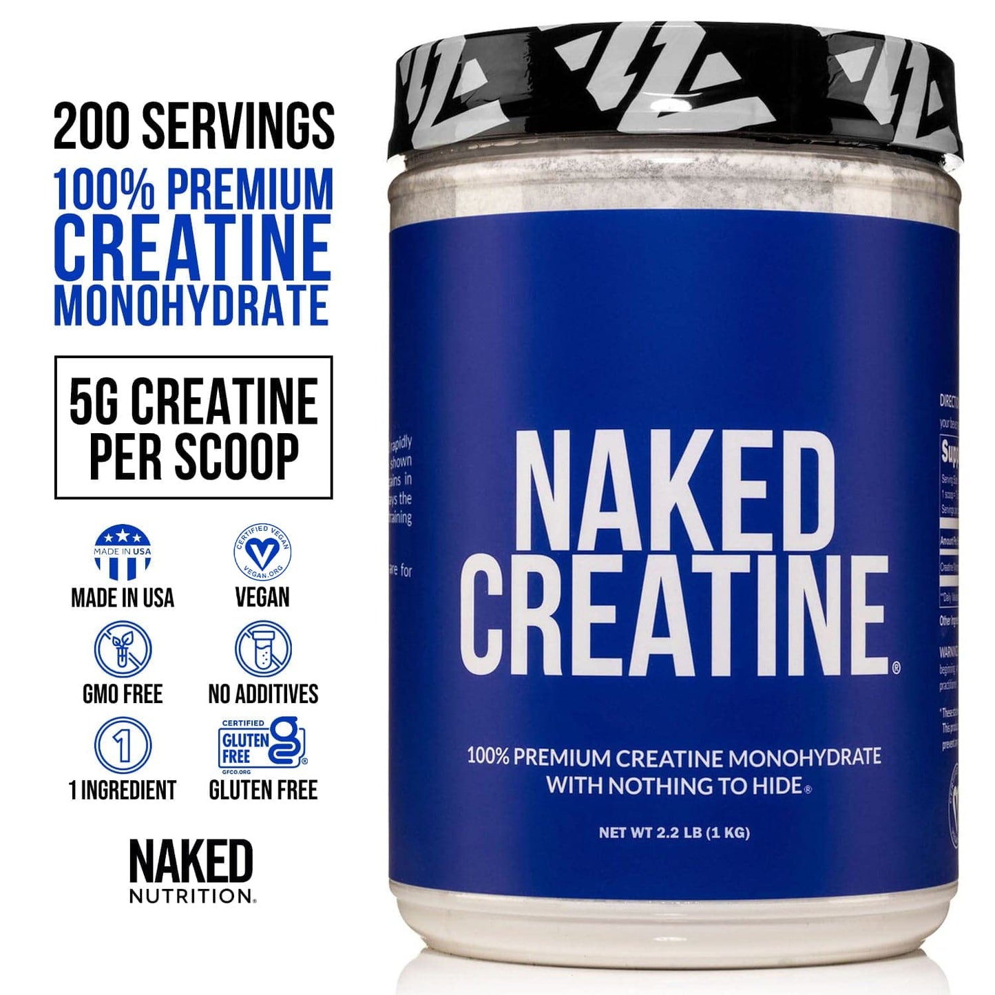 Pure Creatine Monohydrate – 200 Servings - 1,000 Grams, 2.2lb Bulk, Vegan, Non-GMO Naked Nutrition