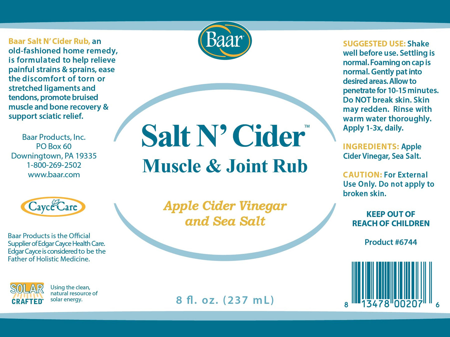 Baar Salt N' Cider Rub - Aids Bruised Ligaments & Tendons, Strains, Sprains & Bone Recovery, 8 fl. oz. Baar