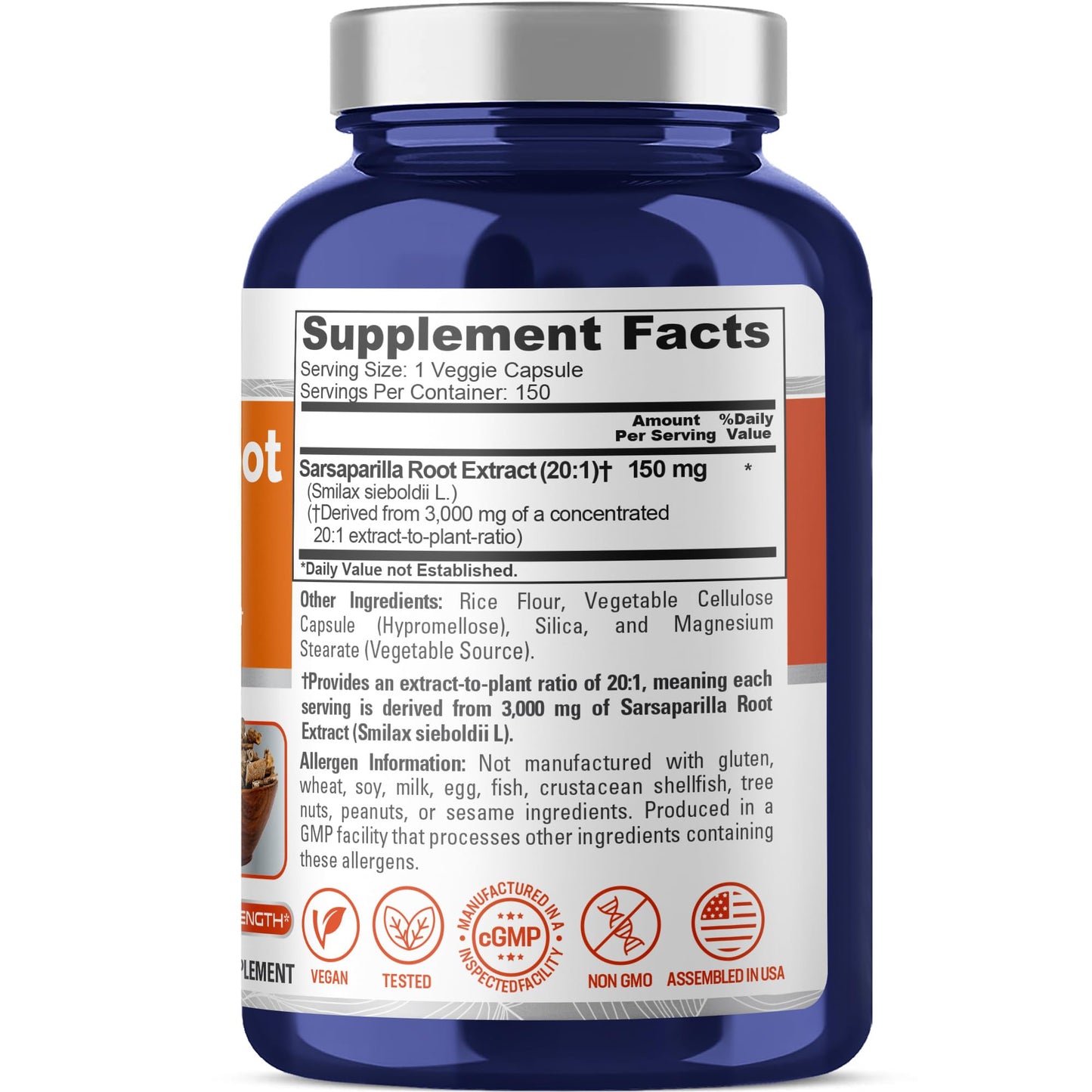 NusaPure Sarsaparilla Root 20:1 Extract - Suitable for Vegetarian/Vegan, Non - GMO - 3000 mg - 150 Capsules NusaPure