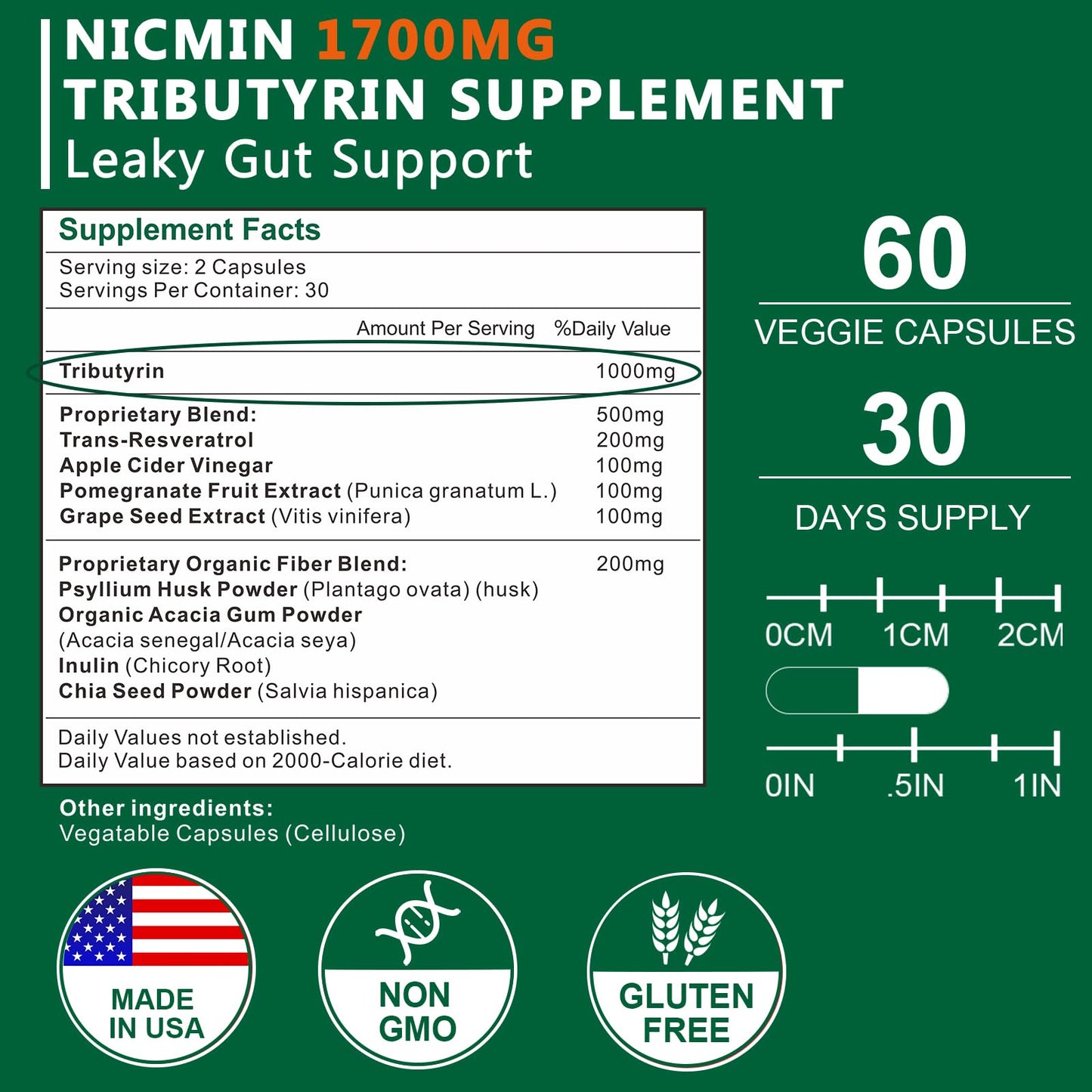 NICMIN Tributyrin Supplement - Premium Butyrate Gut Health Supplement for Leaky Gut 60 Capsules NICMIN