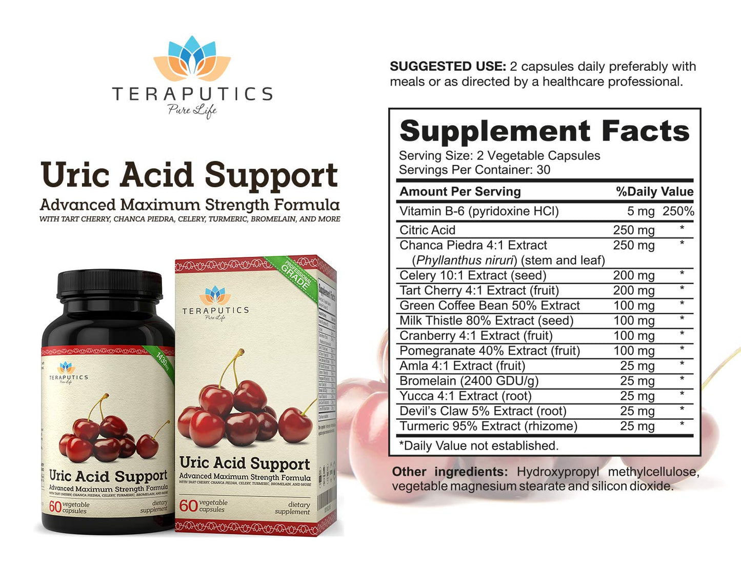 Uric Acid Support Formula | Advanced Uric Acid Cleanse & Kidney Support Supplement - Includes Tart Cherry Concentrate, Celery Seed Extract + 12 More High Potency Ingredients, 60 Veggie Capsules Teraputics