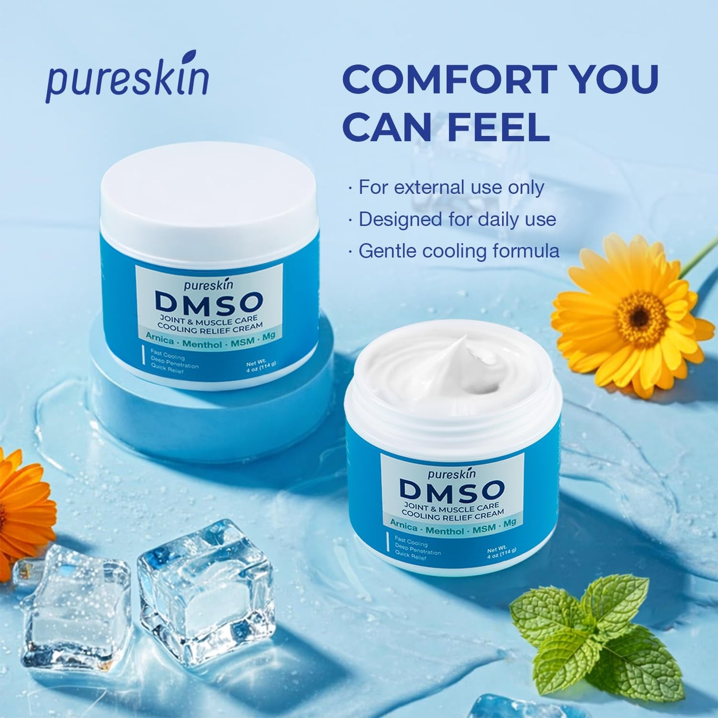 PURESKIN DMSO Relief Cream – Pharmaceutical Grade Fast-Absorbing Cooling Formula for Active Lifestyles – Lightweight Cream with Arnica, MSM, Magnesium, Menthol & Aloe, 4 oz PURESKIN