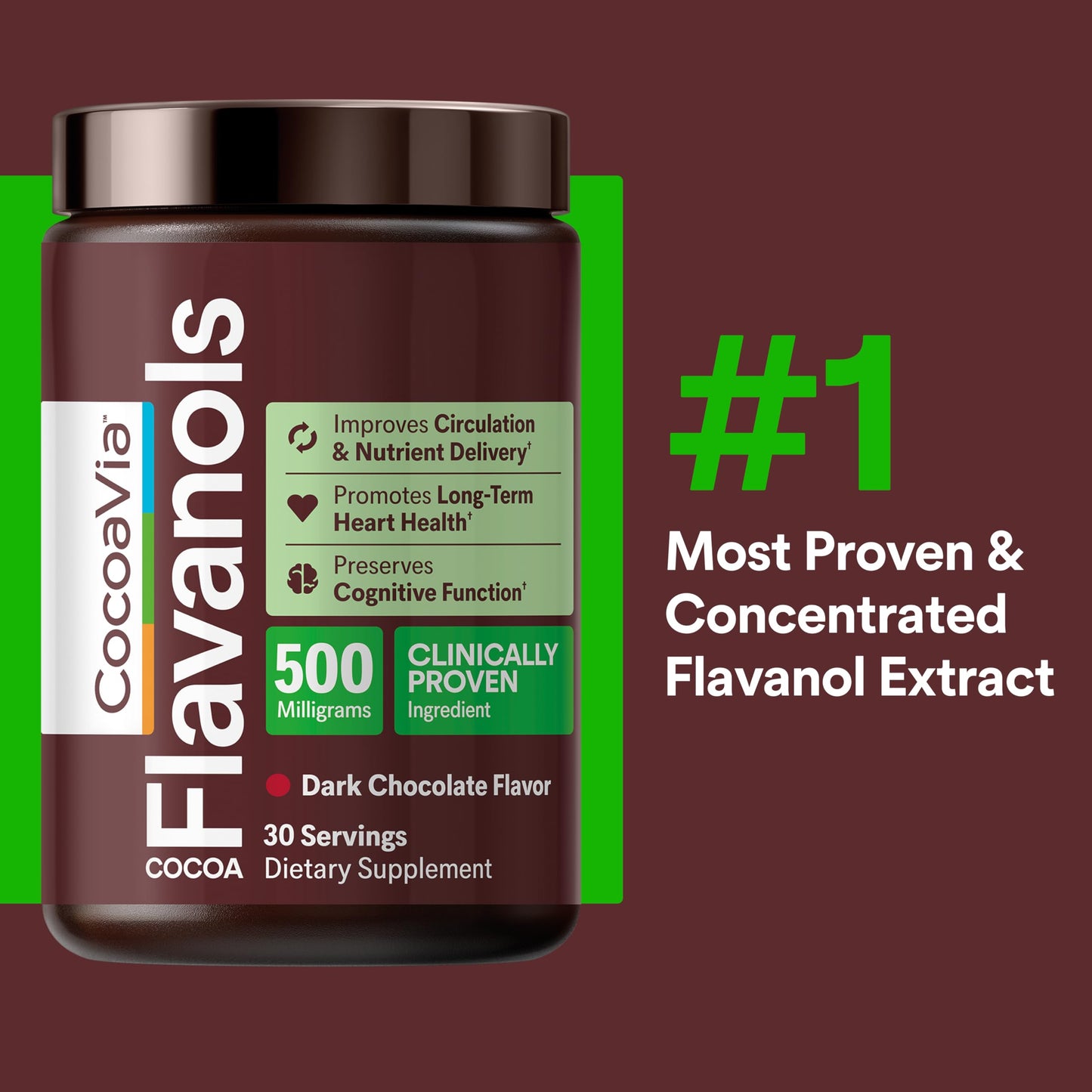 CocoaVia Cocoa Flavanols 500mg – Heart and Brain Support, High Flavanol Cocoa Powder CocoaVia
