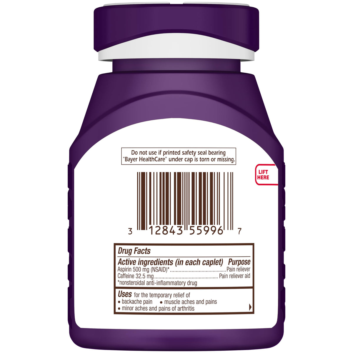 Bayer Back & Body 500mg Aspirin Plus Caffeine for Powerful Pain Relief, 200 Coated Caplets Bayer