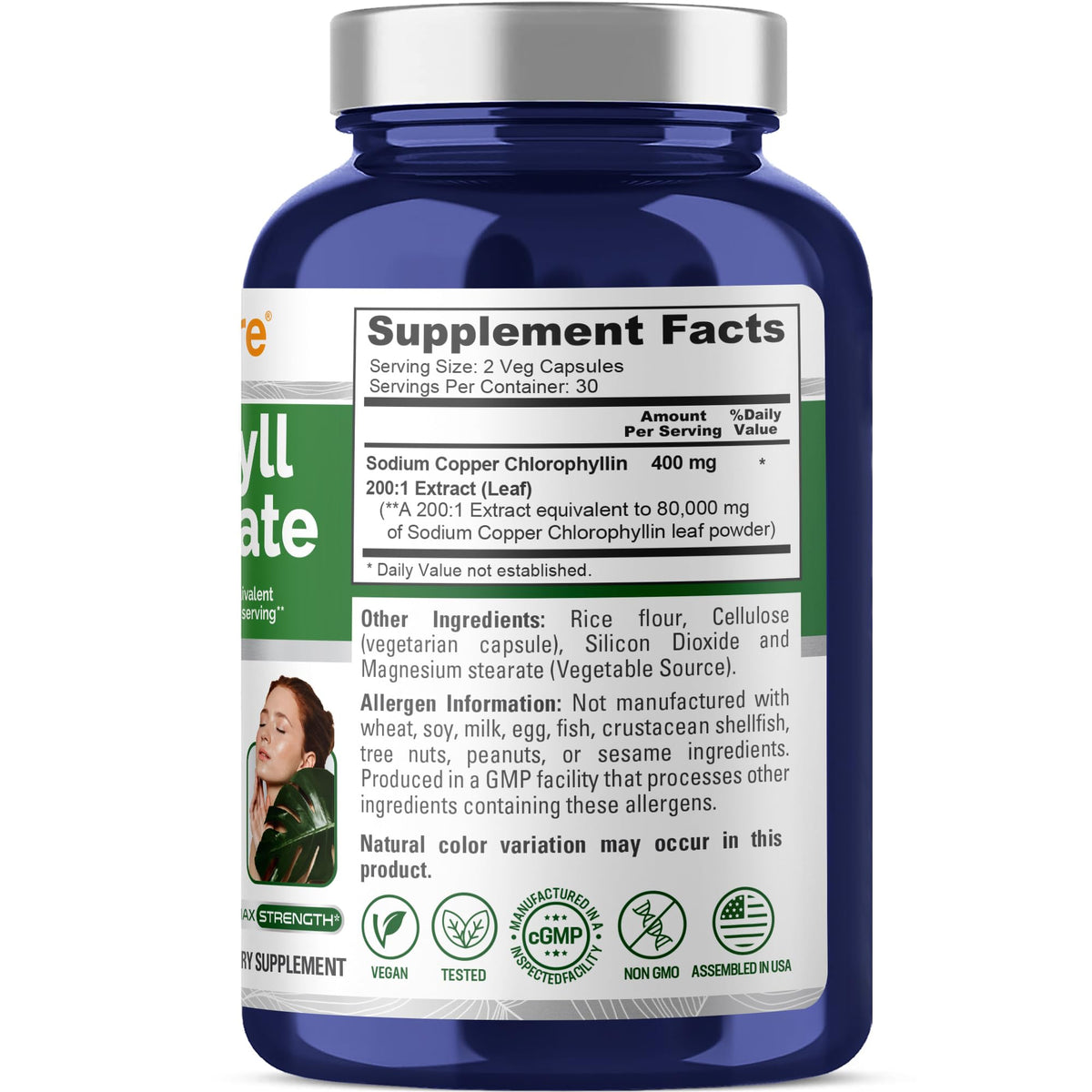 NusaPure Chlorophyll 200:1 Extract, 400 mg Equivalent to 80,000mg 60 Veggie Caps (Equivalent 80000mg per Serving, Non-GMO, Vegan) Sodium Copper Chlorophyllin NusaPure