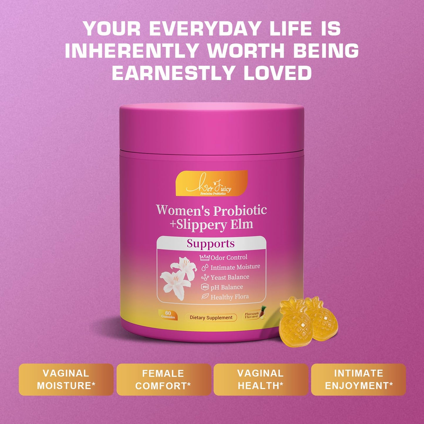Brurtzexs Her Juicy Feminine Probiotics Gummies for Women with Slippery Elm - Pineapple Flavor, pH Balance & Immune Health Support - Digestive & Feminine Support - Vegan Supplement, 60 C Brurtzexs